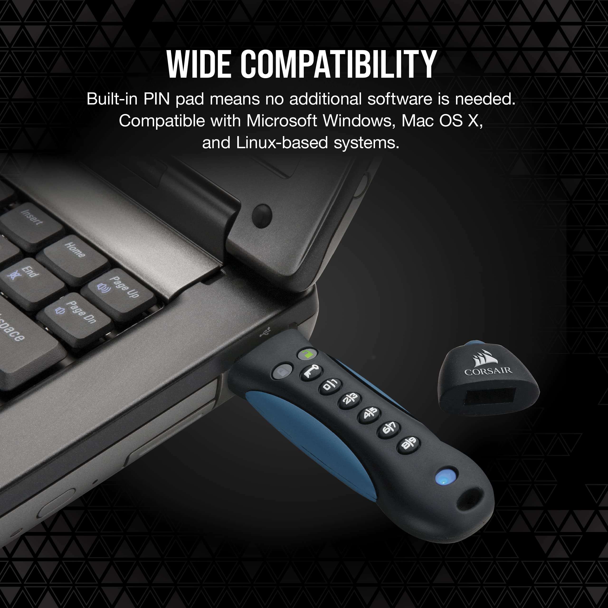 Corsair Flash Padlock 3, 256 GB Secure USB 3.0 Flash Drive with Keypad (256-bit AES Encryption, FIPS 197 Security Standards, Ruggedised Rubber Housing, Built-in PIN Pad) Black/Blue 3