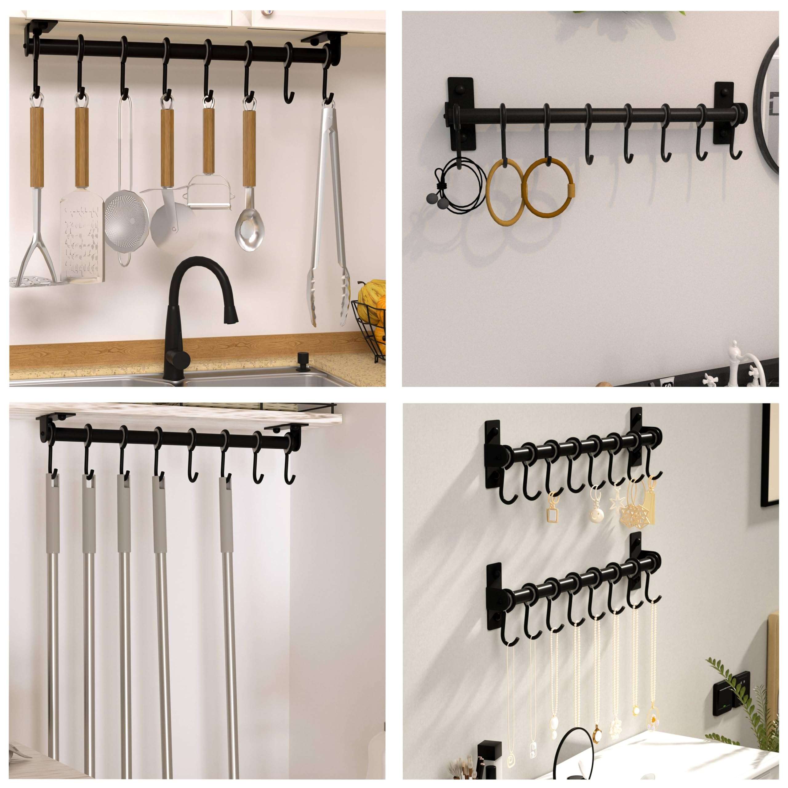 Dseap Kitchen Hooks for Hanging Utensils, Hanging Pot Rack, Kitchen Utensil Hanger Rail with 8 Hooks for Pots Pans, Spoons, Mugs, Wall Mounted, Stainless Steel, Black, Pack of 2 6