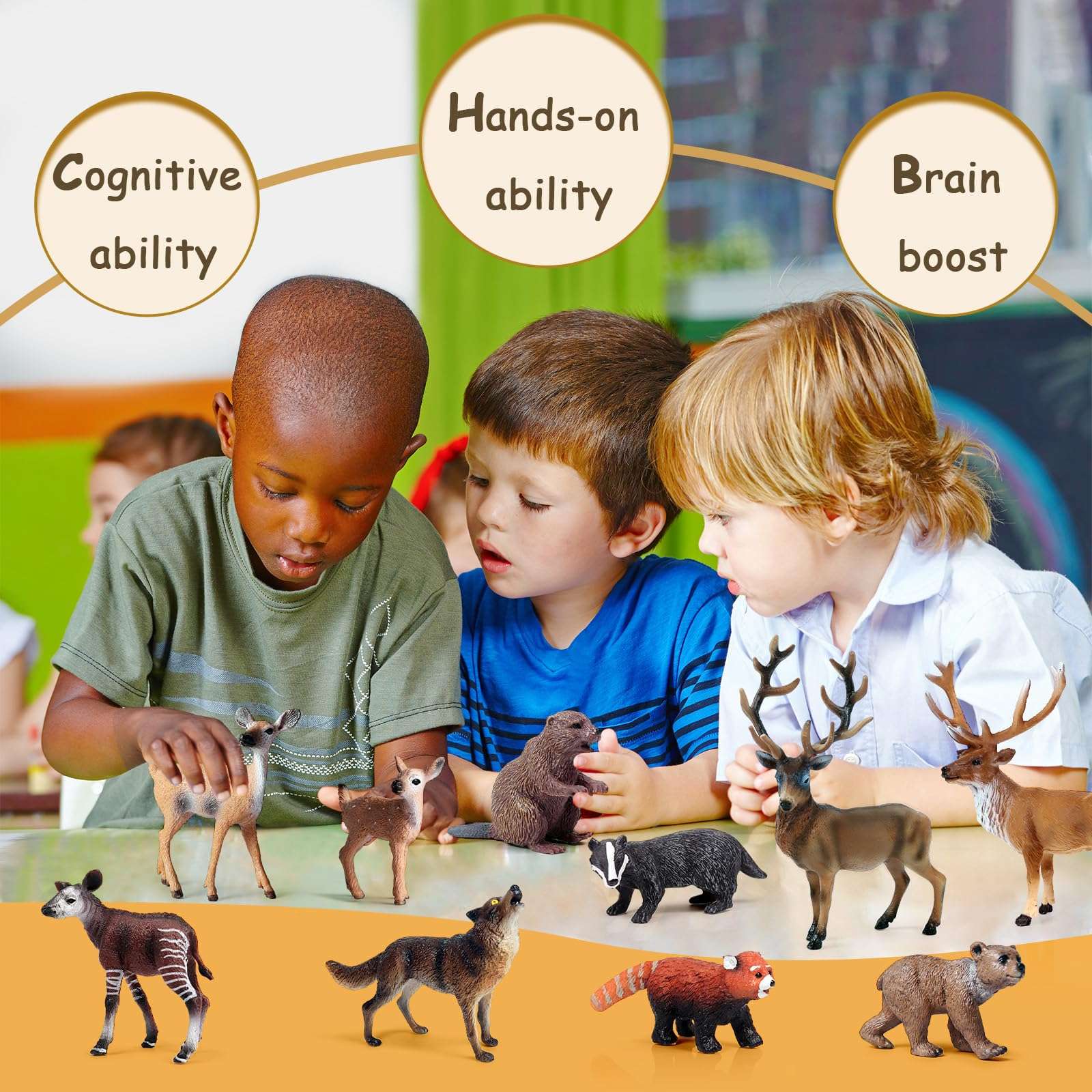 SCAHOW Forest Animal Toys Figures, 10PCS Plastic Woodland Animal Figurines for Cake Topper, Realistic Miniature Wild Creature Toys Set with Elk Deer Wolf Bear etc 5