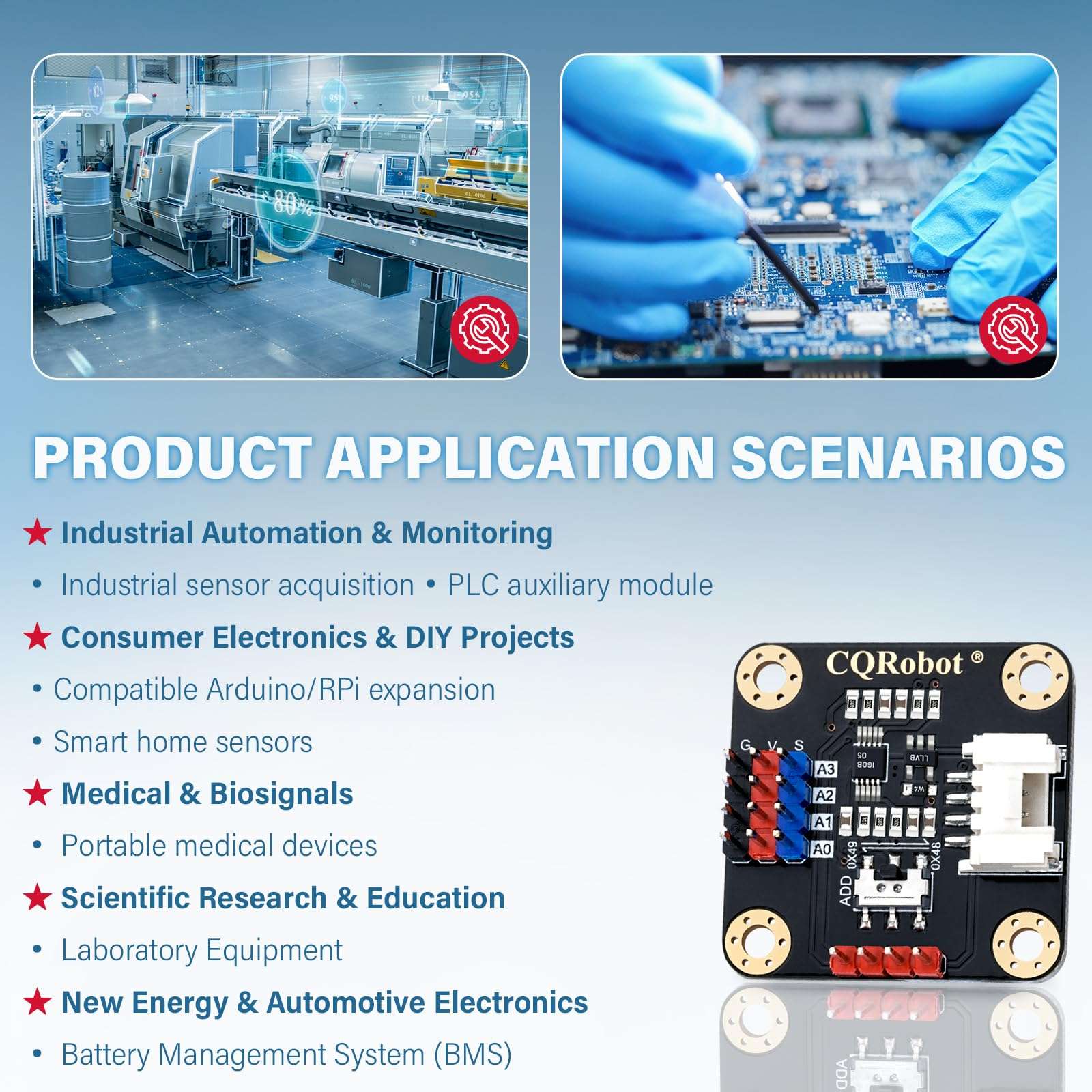 CQRobot ADS1115 16-Bit ADC Conversion Module Compatible with Raspberry Pi and Arduino Boards. Achieve Analog and Digital Signal Acquisition or Conversion, 3.3V to 5V, I2C Address Selection Switch. 3