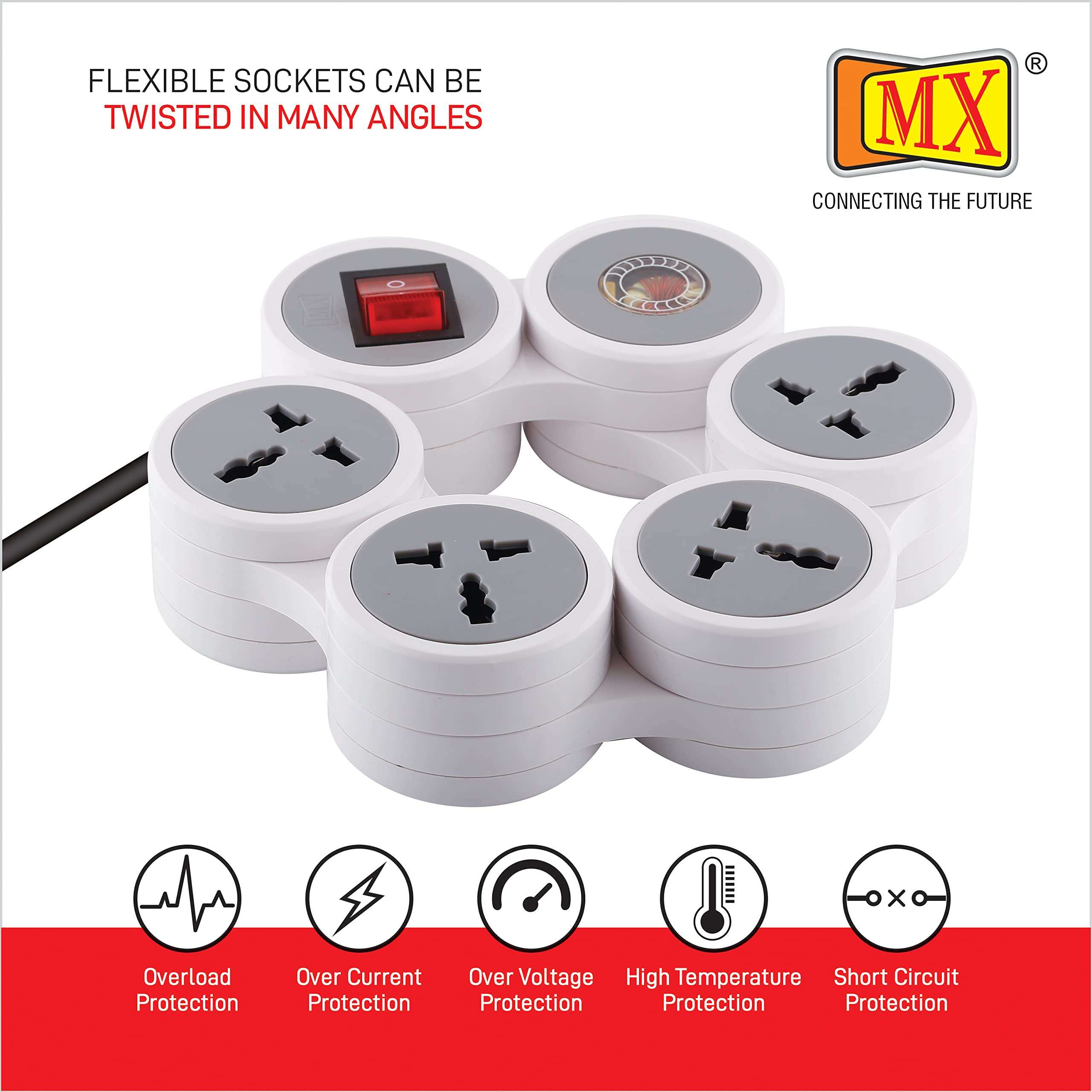 MX Extension Board with Spike Protector - 4 Universal Sockets, 15A/16A/20A Spike Guard, 5m Extension Cord, Illuminated Circuit Breaker Master Switch (3321_5mtr) 6