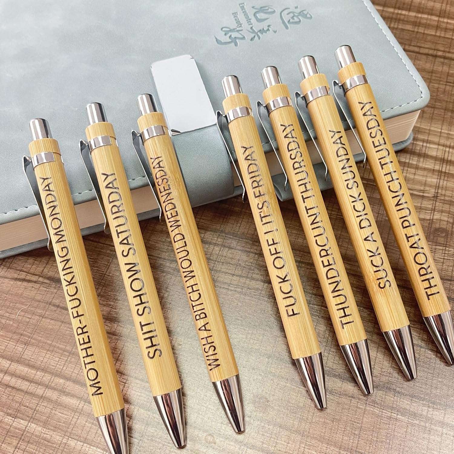 XIANFANG 7Pcs Funny Work Pens for Adults Sarcastic Office Gifts Bamboo Ballpoint Pens with Swear Words, Hilarious Desk Accessories for Coworkers, Fun Gifts for Teachers, Friends, Office Supplies 5
