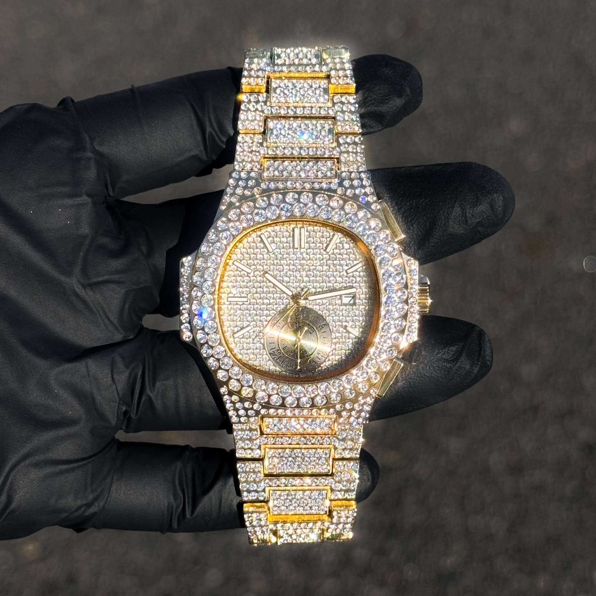 Techno Pave Men's 43mm Fully Iced Out Watch - Luxury Hip-Hop Style, Quartz Movement - Gold Finish 6