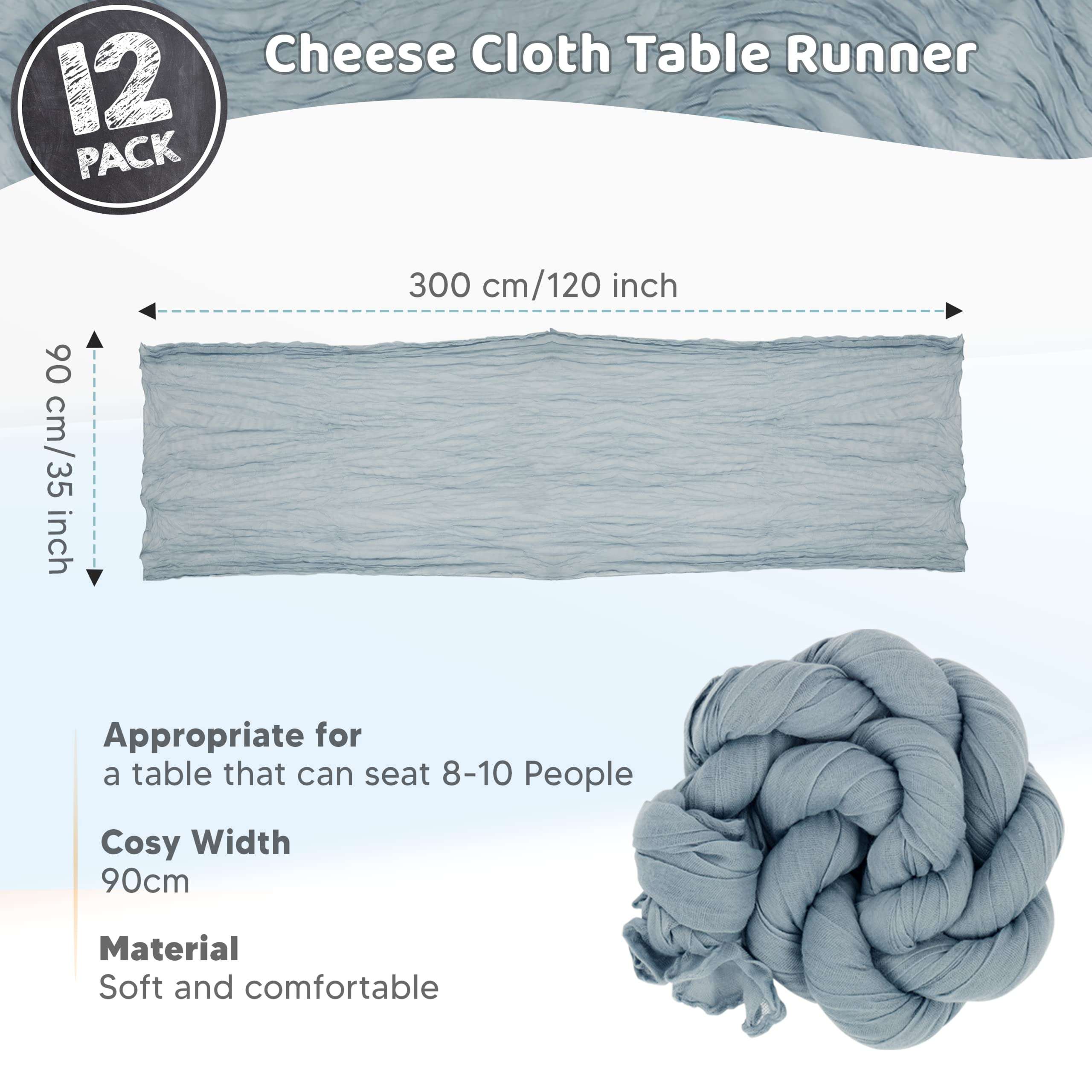SAMUSAI Cheesecloth Table Runner Rustic Sheer Fabric & Boho Design for 8-10 Seater Long Table Decorations Ideal for Weddings, Bridal Shower, Birthday Parties Pack of 12 Dusty Blue (120”L x 35”W) 4