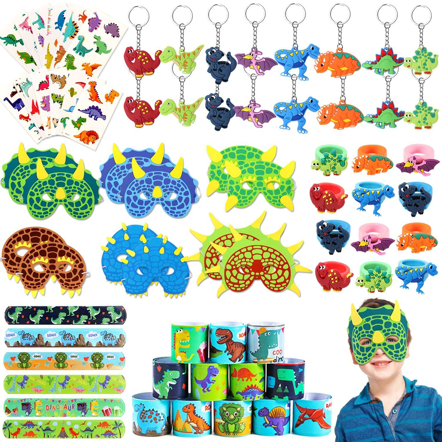 64 Pcs Dinosaur Party Favor Dinosaur Slap Bracelets Masks Keychains Rings Temporary Tattoos for Boys Kids Dinosaur Themed Birthday Party Supplies Treat Dino Pinata Goodie Bag Fillers 1