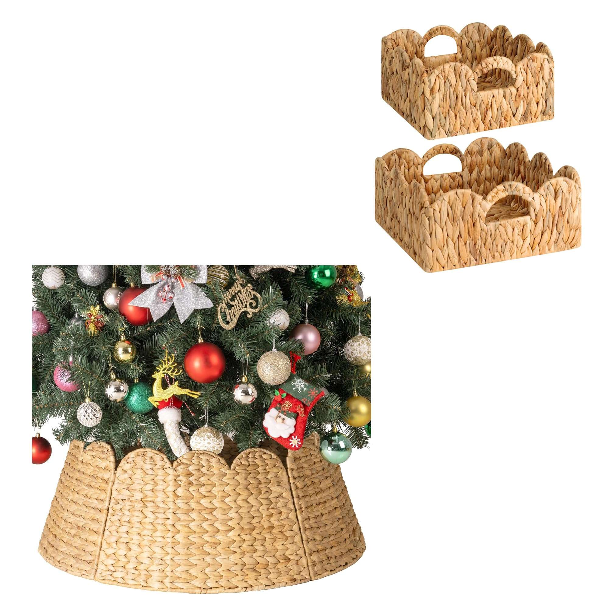 StorageWorks 28" Scalloped Christmas Tree Collar, Scalloped Wicker Basket, Nursery Basket with Handles 1