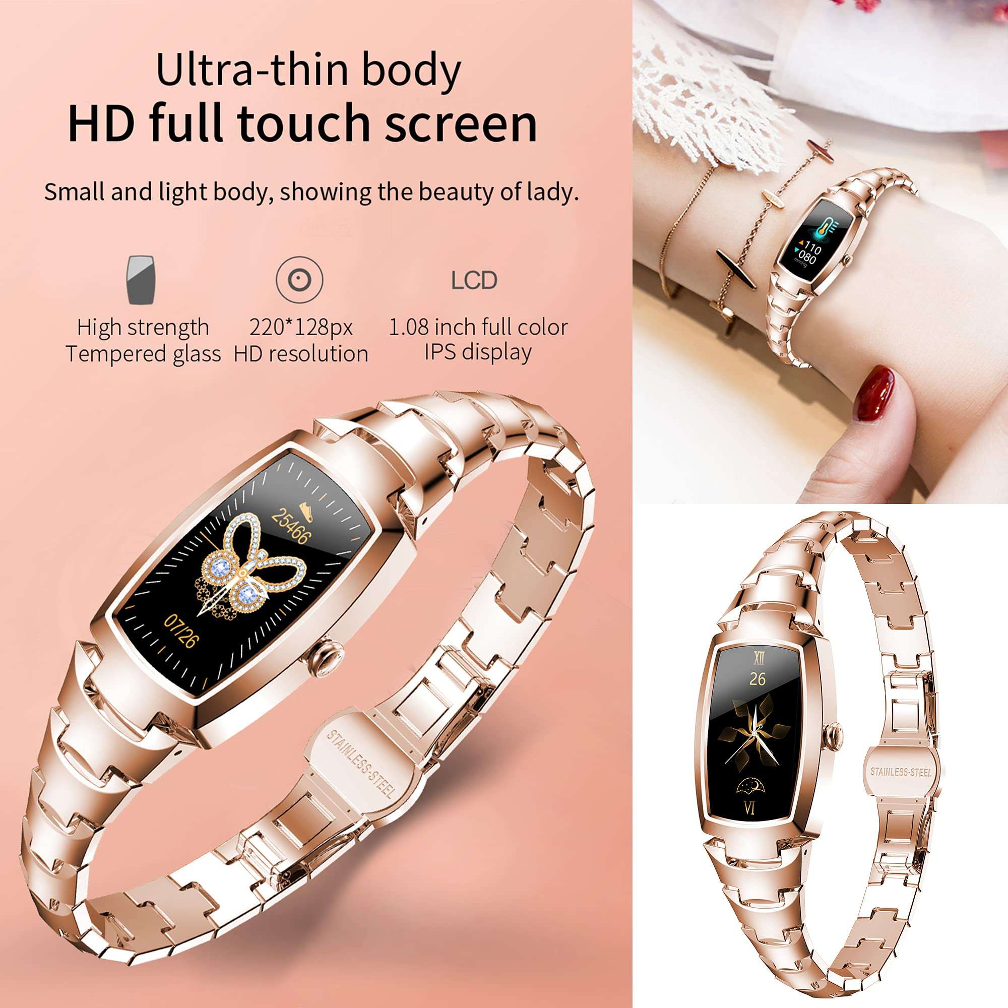 Yomier Smart Watch for Women, Waterproof Fitness Tracker with Blood Pressure Heart Rate Oxygen Sleep Monitor Message Notification Sport Pedometer, Smartwatch Bracelet iOS Android Phones (Gold) 4