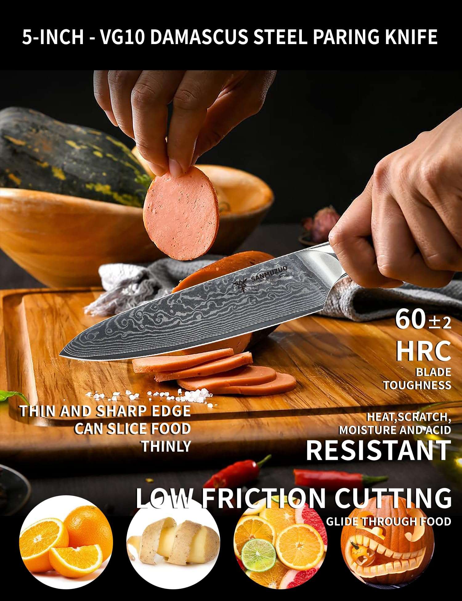 SANMUZUO 5 Inch Kitchen Utility Knife - Xuan Series Kitchen Knives - VG10 Damascus Steel with Resin Handle (Sunset Red) 4