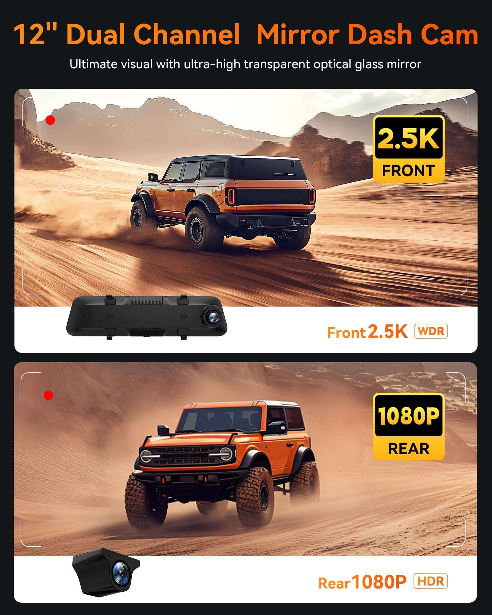 WOLFBOX G840H 12'' Mirror Dash Cam with ADAS and BSD, 2.5K Rear View Mirror Camera Front and Rear, 5.8GHz WiFi, Voice Control, Parking Monitor, Included 32GB Card & GPS, Loop Recording 5