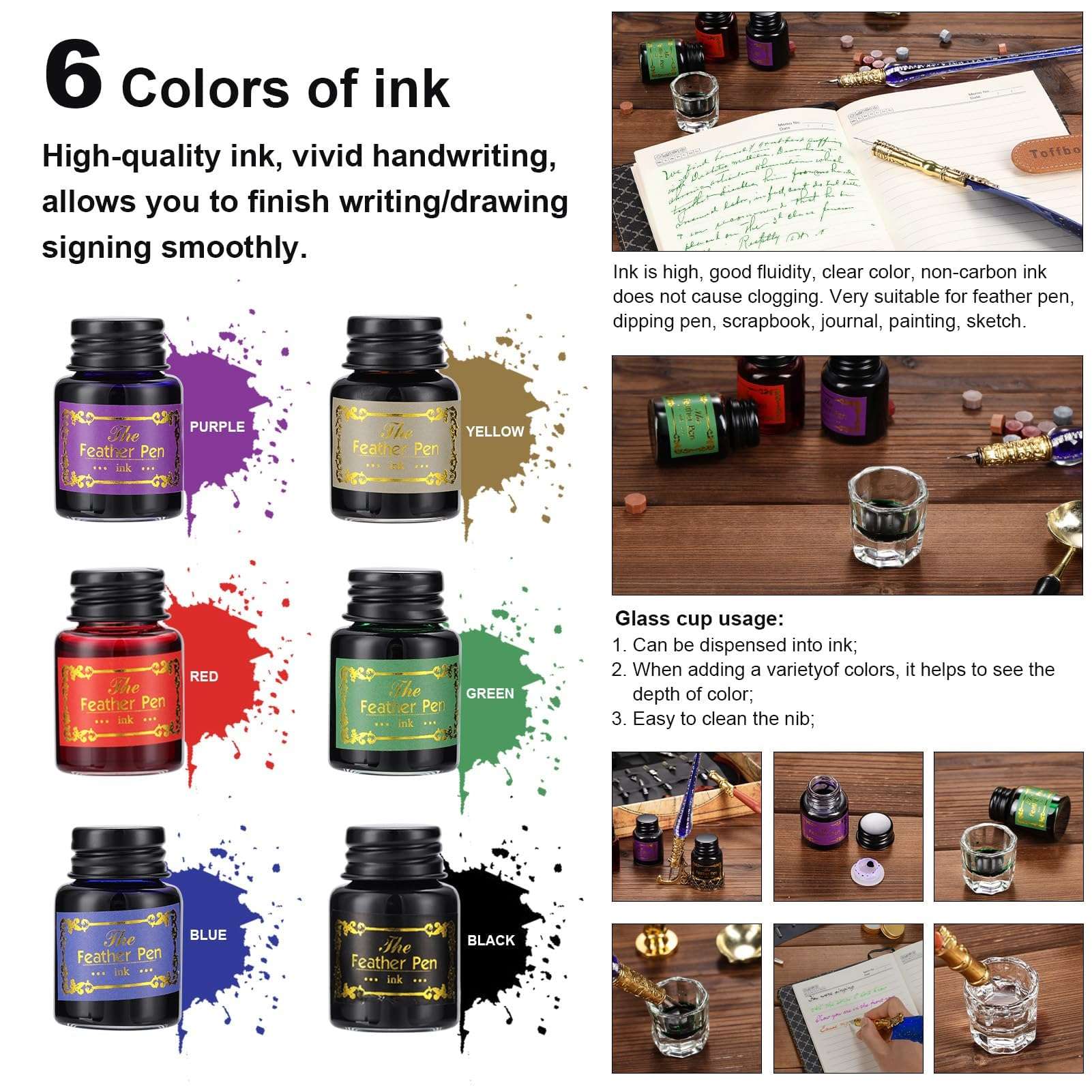 Antique Calligraphy Feather Pen Quill Pen and Ink Set for Beginners, Glass Dip Pen Wooden Dip Calligraphy Pen for Writing, Drawing, Signature, Wedding, Birthday, Blue 5