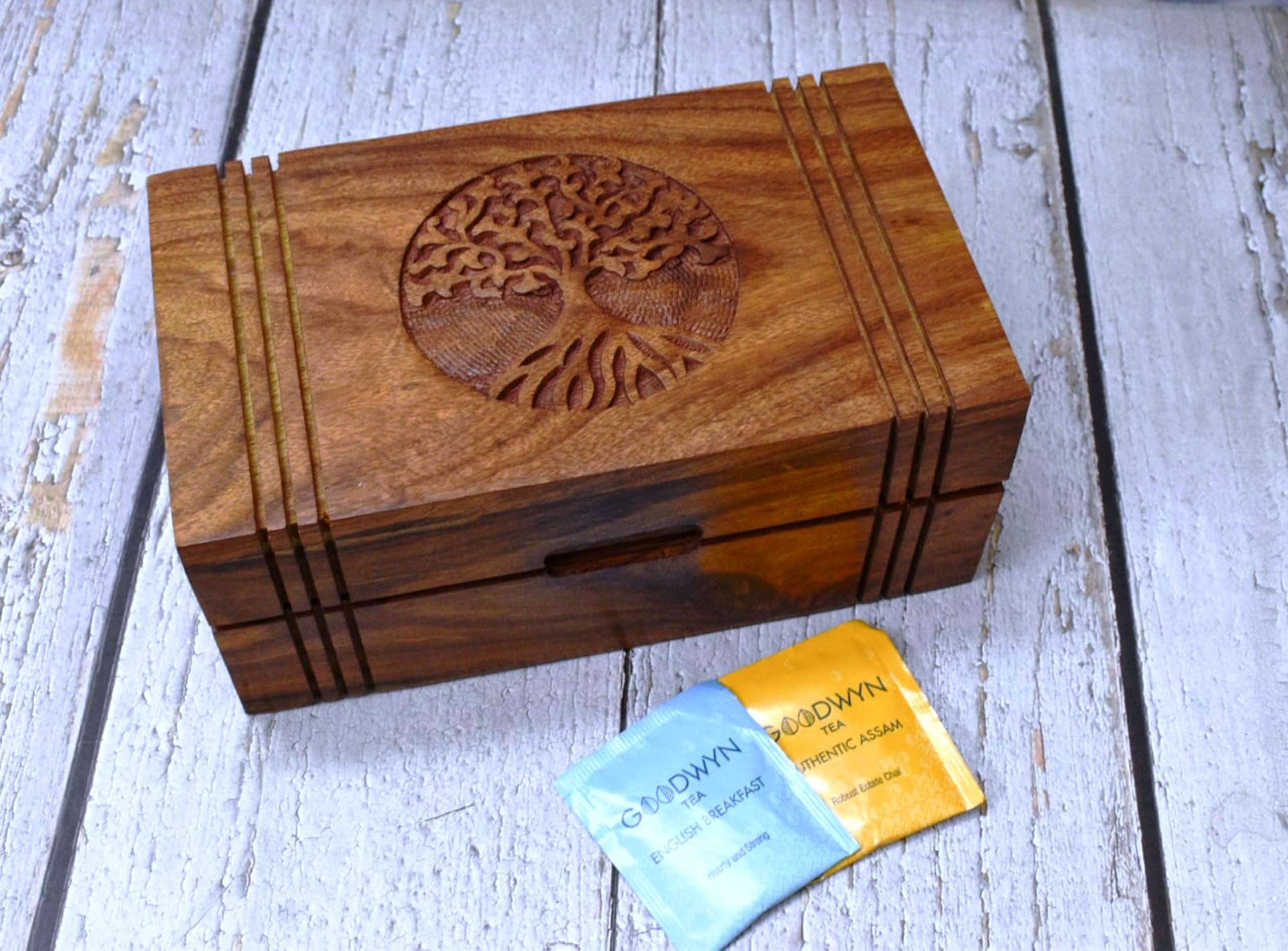 India House Wooden Box Tree Of Life Keepsake Storage Multi Utility Hand Carved| Multipurpose Box| Jewelry Box (8 inch) 1