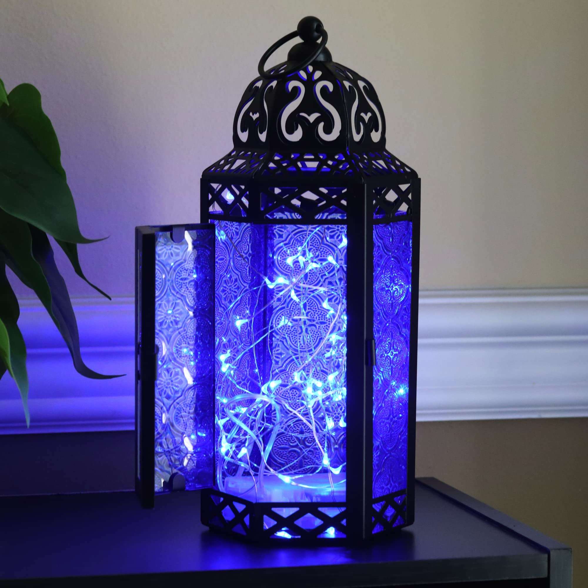 VELA LANTERNS 3pk Metal Moroccan Decorative LED Fairy Lights Candle Lantern Holders for Indoor Home Fantasy Decor, Table Centerpieces, Outdoor Patio or Porch, Weddings, Cobalt Blue, Medium 3