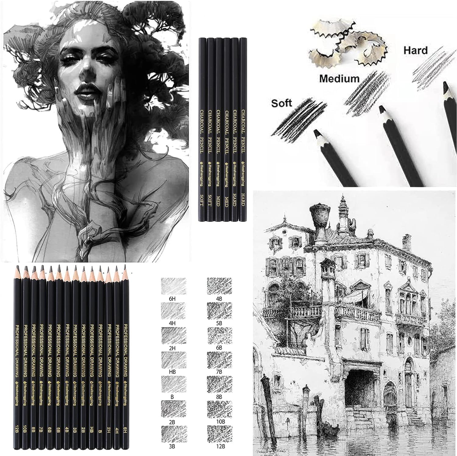 Stodern 29-Piece Artist Sketching & Drawing Pencil Set - Includes Graphite Pencils, Charcoal Pencils, Erasers, Paper Erasable Pen, Craft Knife, Canvas Carry Bag Complete Art Tool Kit for Beginners 5