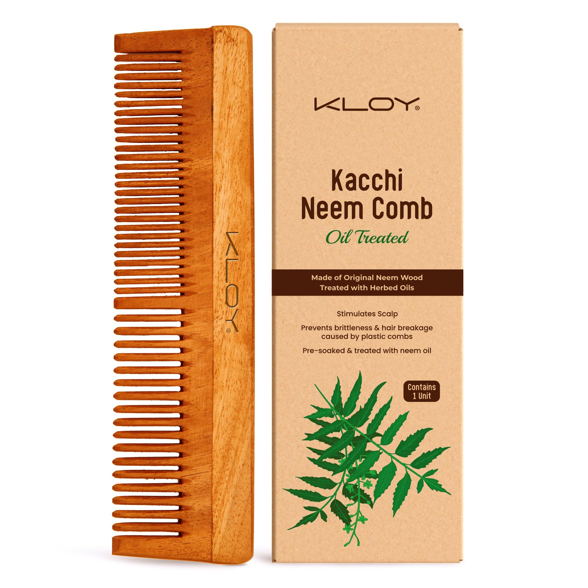 KLOY Oil Treated Kacchi Neem Comb, Treated with Neem Oil, Bhringraj & 15+ Herbs, Hair Growth, Anti Hairfall, Dandruff Control | Hair Straightening, Frizz Control Comb For Men, Women (Dual Tooth)