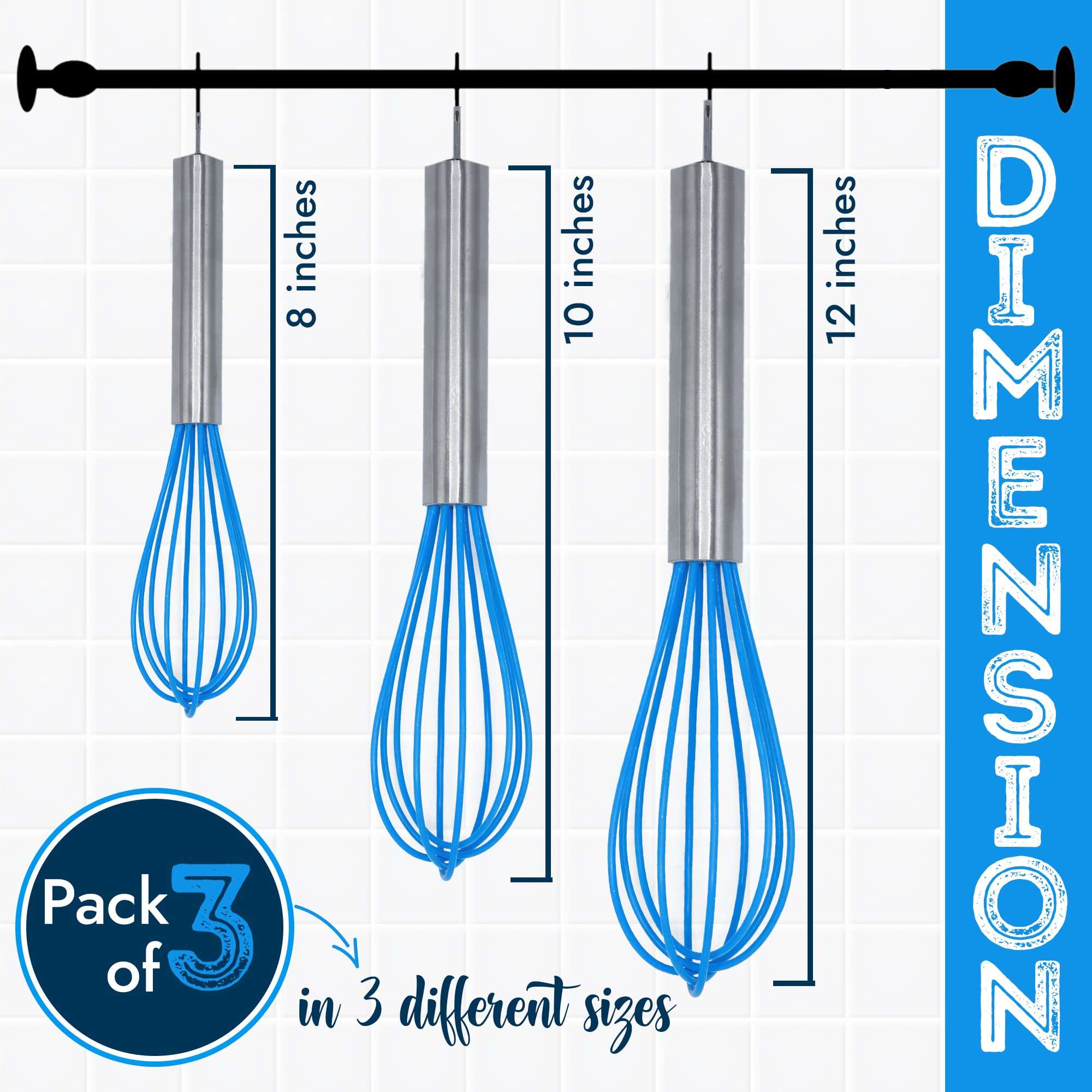 Silicone Whisk Set of 3, Very Sturdy, Silicone Whisks for Cooking Non Scratch Pots, Rubber Whisk, Enjoy Wisk Cooking Egg and Milk Beating, Stirring, Mixing, Whisking, Frothing, Blue 2