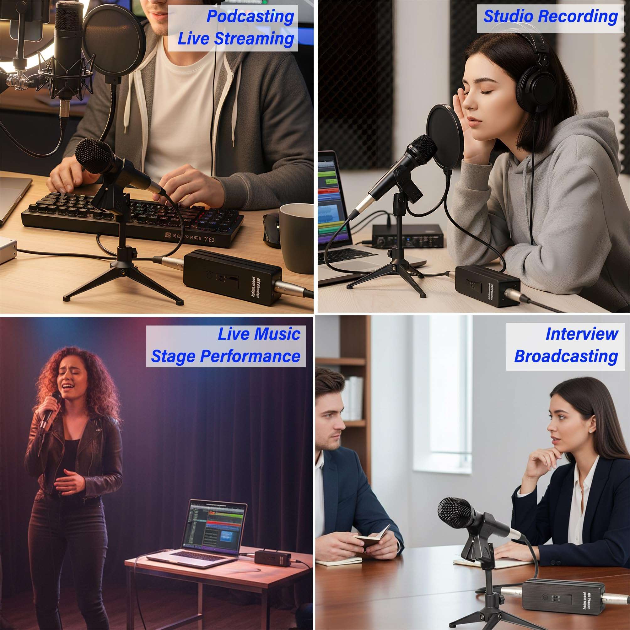 Phantom Power Supply, 48V 12V Rechargeable Portable Phantom Power Supply with LCD Display for Condenser Microphone Shotgun Mic, for Interview Audio Interface Recording Studio Sound Mixer 5