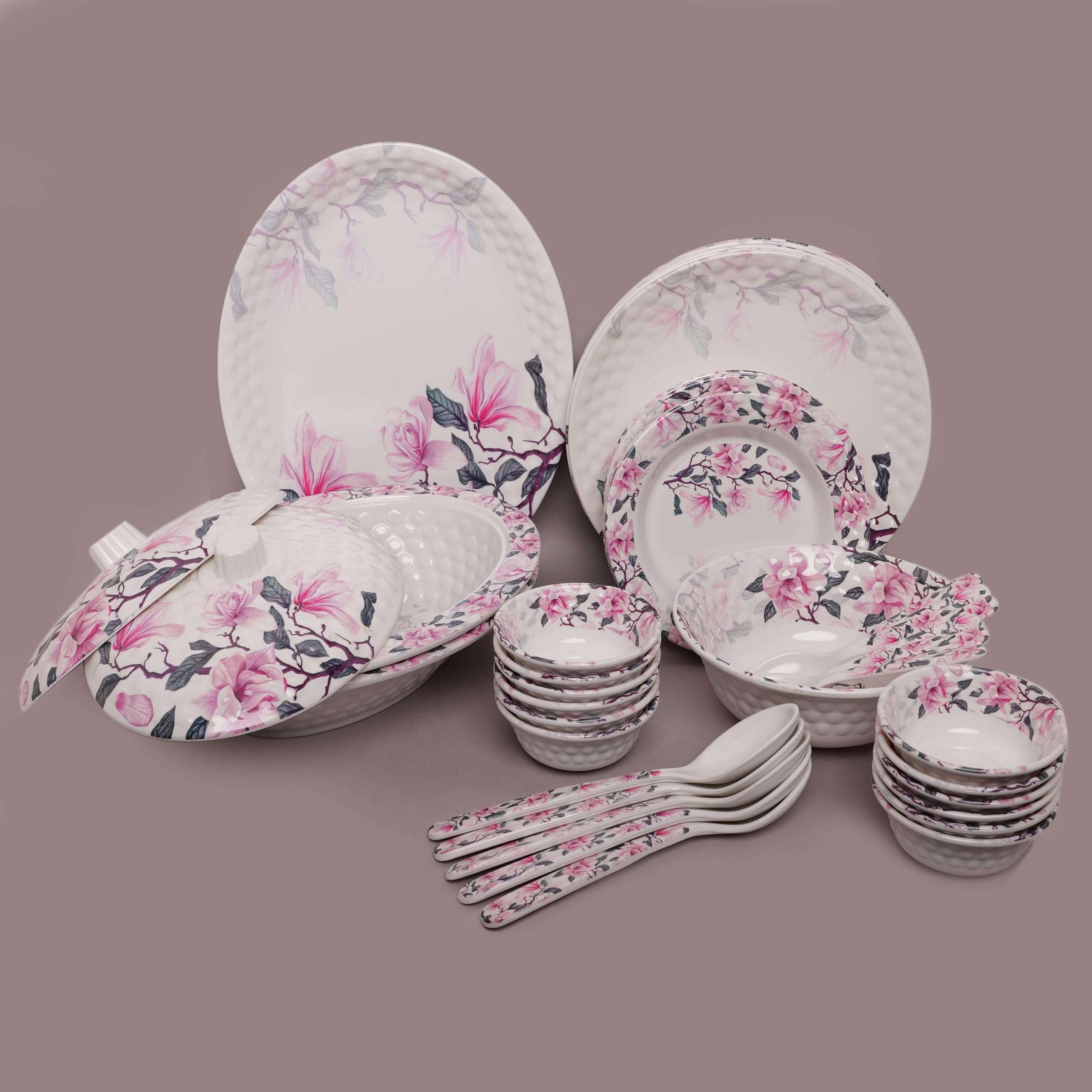 Home-Pro - 46 Pieces Melamine Dinner Set Venus, Stain Resistant, Beautiful Lotus Flower Design Crockery Dinnerware in Exclusive Round Shape Set for Your Home Kitchen and Gifting 6