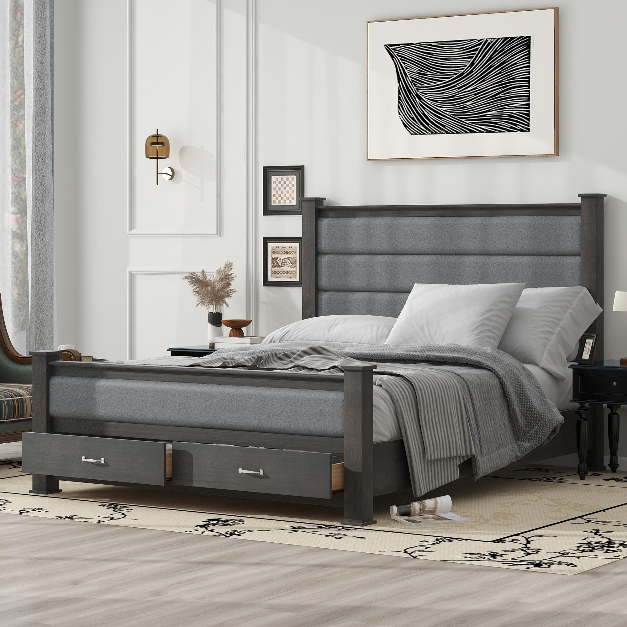 Ball & Cast Queen Size Platform Bed with Upholstered Headboard & Footboard,Solid Wood Frame with 2 Storage Drawers,No Box Spring Needed,Modern Bedroom Furniture,Antique Gray