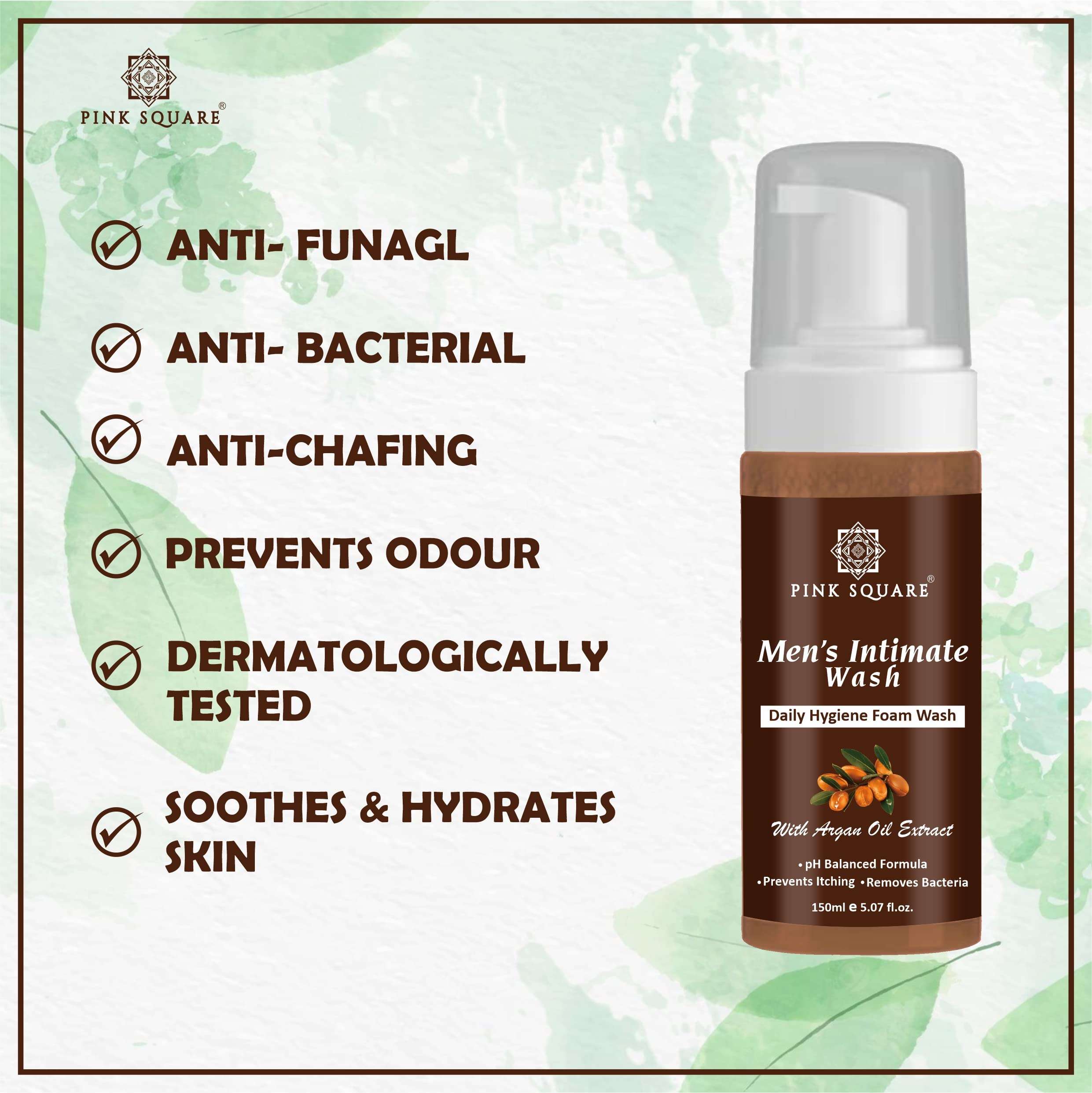 Pink Square Natural Men's Intimate Wash with Argan Extract Maintain PH Balance Intimate Daily Care| Better Private Parts Hygiene Body Wash Anti-Bacterial Pack of 3 of 150 ML (450 ML) 4