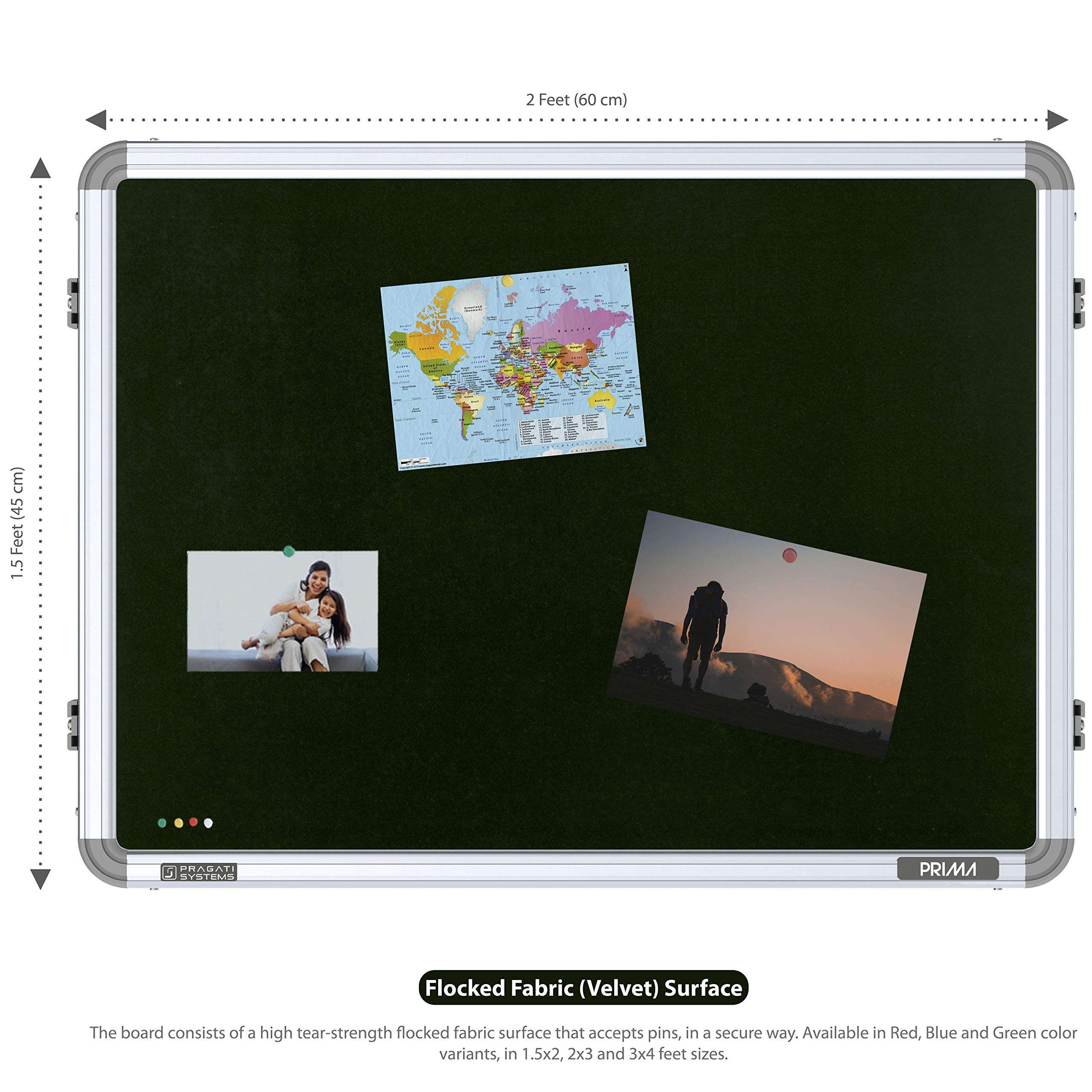 Pragati Systems® Prima Pin-up Display Board for Home, Kids, Office & School (PPUG4560), Heavy-Duty Aluminium Frame, 1.5x2 Feet, Green (Pack of 1) 3