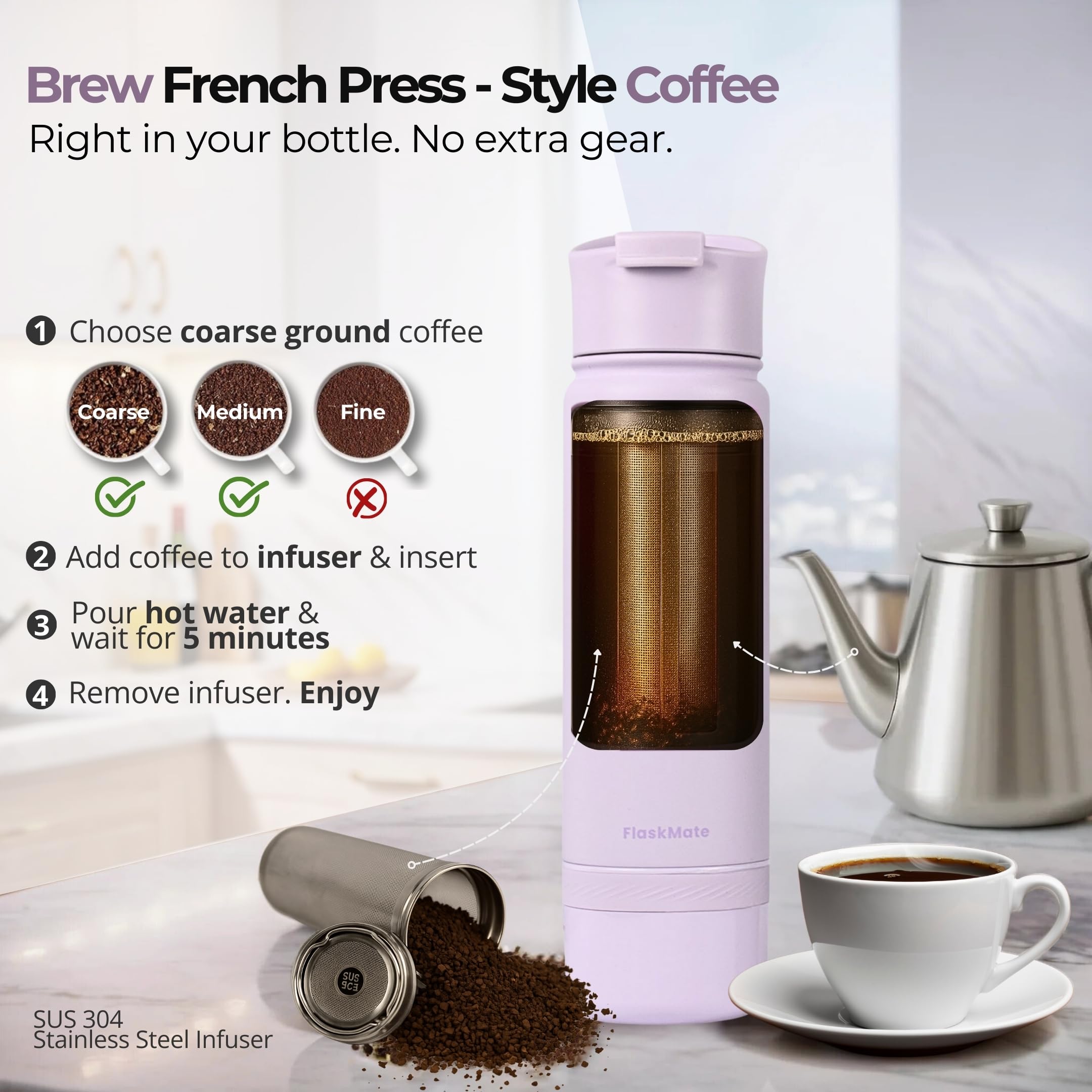 FLASKMATE Tea Infuser Bottle & Coffee Thermos – 18oz Leakproof Insulated Flask with Storage, Dual Lids, and Travel French Press – Hot & Cold for Work, Wellness & On-the-Go Routines 5