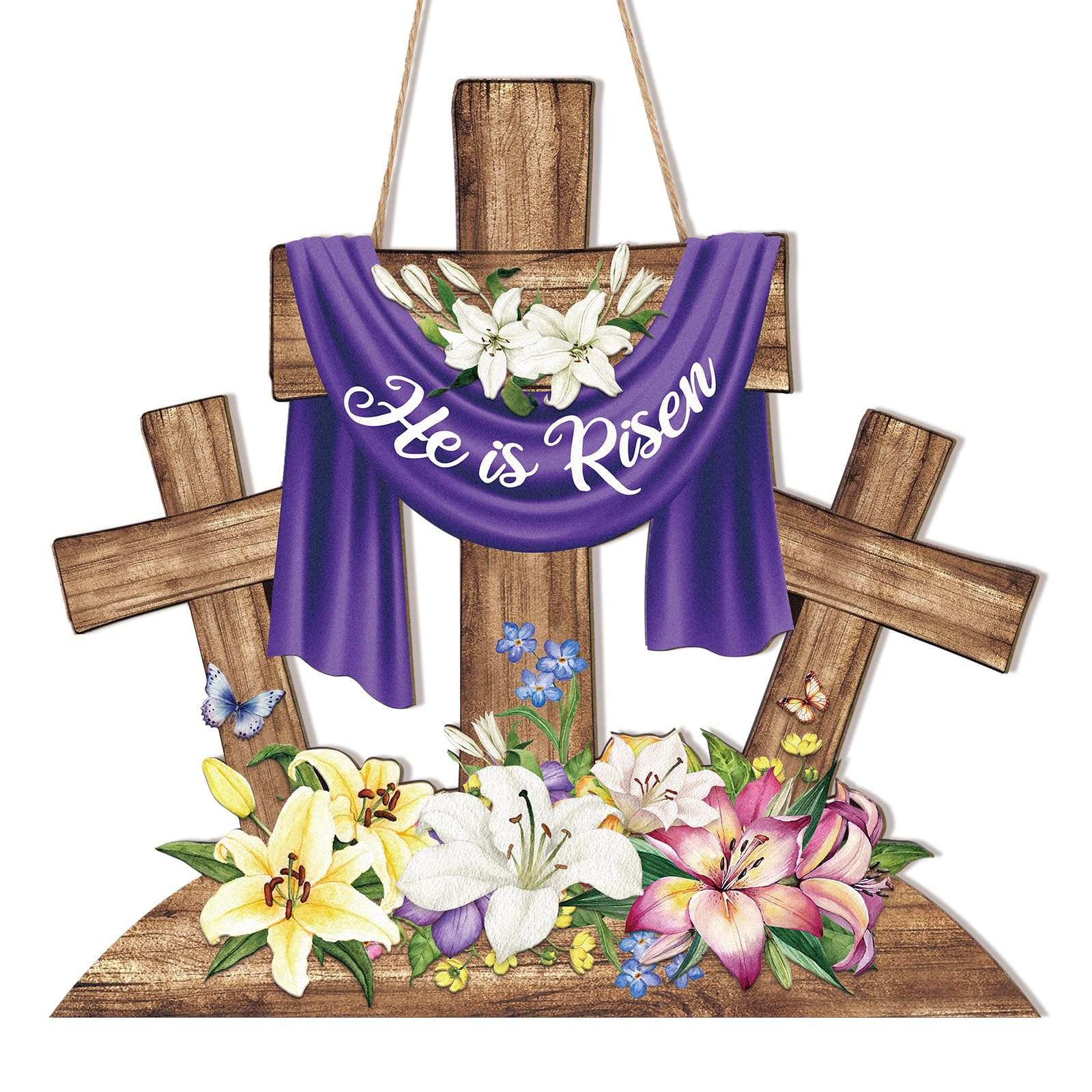 He is Risen Easter Decoration Wood Door Wall Signs, Wooden Wreaths Front Door Sign Cross Sign Christian Jesus Lily Flowers Ornaments Hanging Crafts for Spring Home Farmhouse Party Porch Wall Decor 1