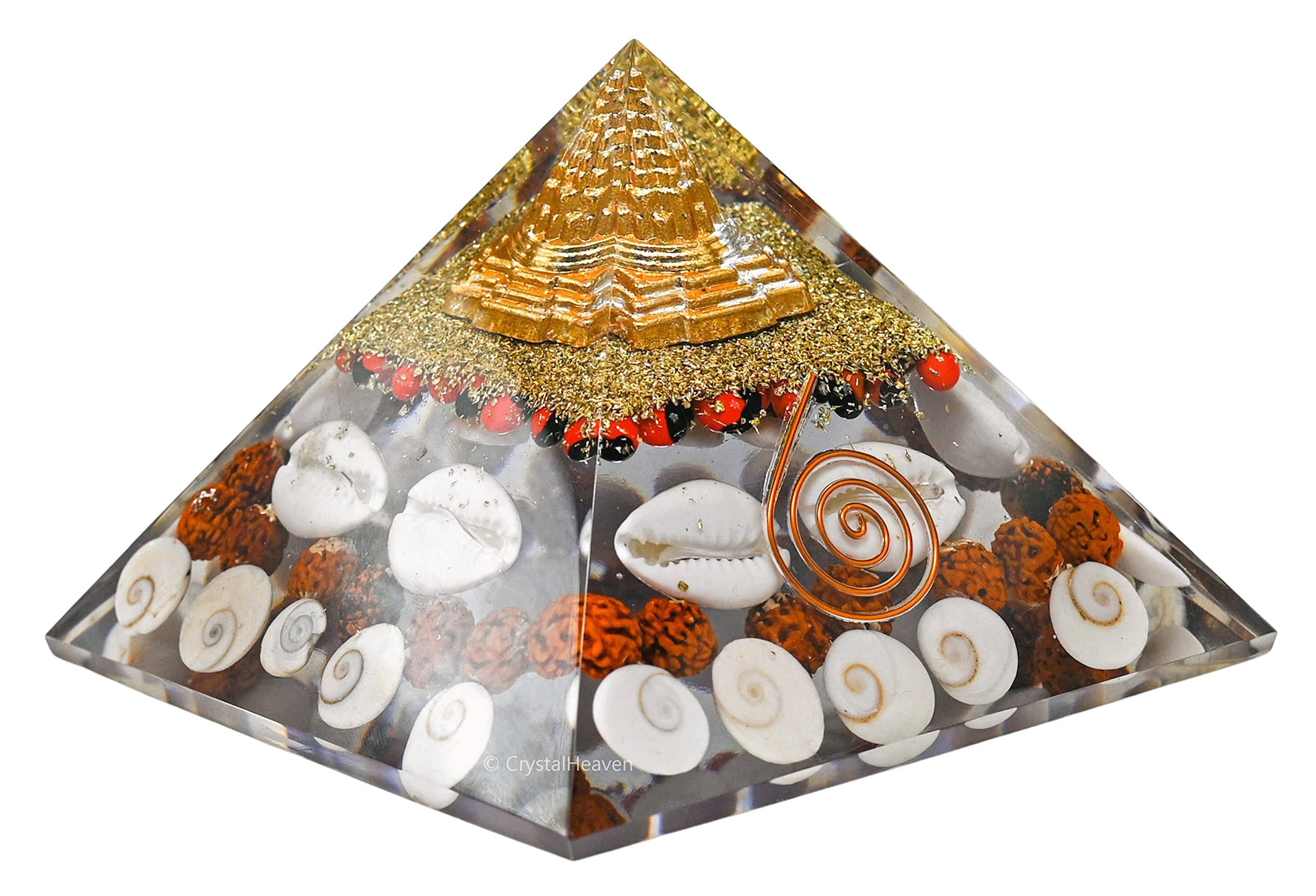 Laxmi Pyramid Original Certified Gomati Chakra, Rudraksha, Cowrie Kodi Maha Laxmi Pyramid - 90mm Large Orgonite Pyramid with Shree Yantra - Pooja Vastu Items for Home for Good Luck, Money & Wealth
