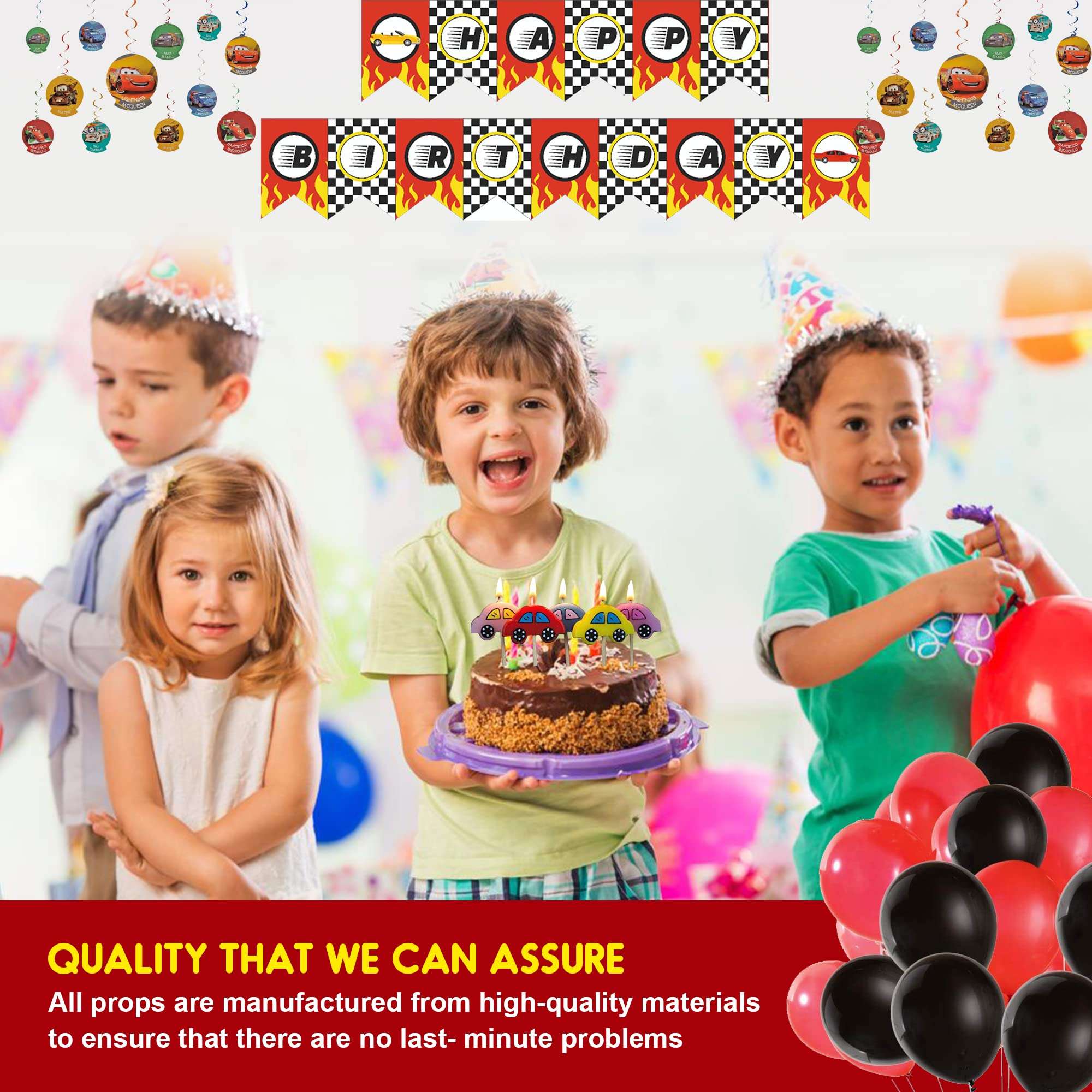 WP WANNA PARTY Cars Theme Birthday Decoration Combo, Race Car Birthday Decorations for Boys-Cars Birthday Banner,Cars Swirl Decoration,Cars Candle and Red and Black Balloons- Pack of 34 Party Props 6
