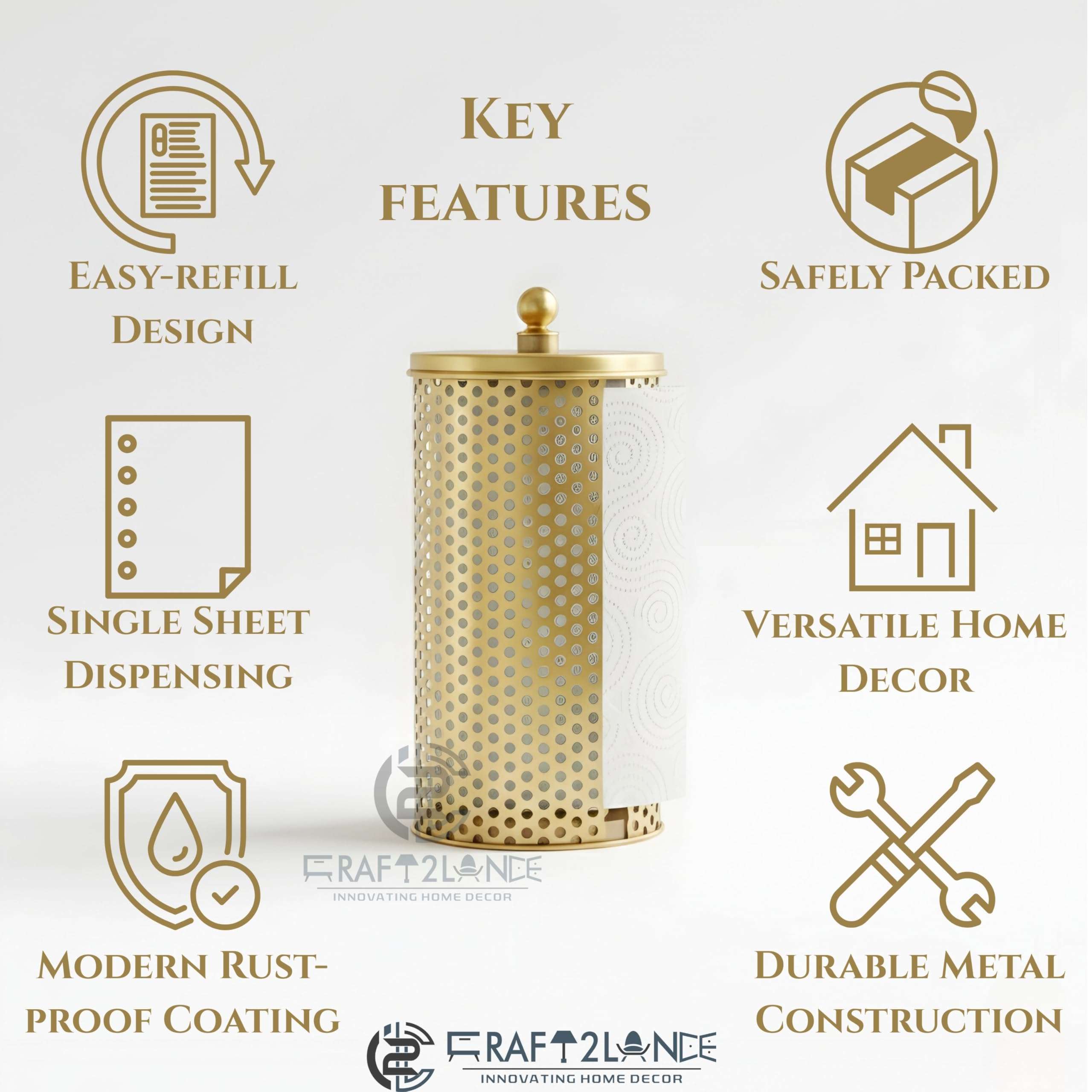 Craft2lance Metal Gold Tissue Roll Paper Holder/Paper Towel Holder for Home, Kitchen Paper Roll Dispenser for Bathroom and Dining Table (Gold) 4