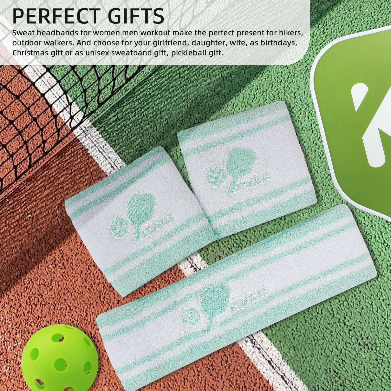 KOFULL Pickleball Sweatbands, Pickleball Headband, Tennis Headband, Pickleball Gifts for Pickleball Golf Tennis, Sweatbands Headband Wristband Set (Sweat Bands Headbands Men Women), Light Green 5