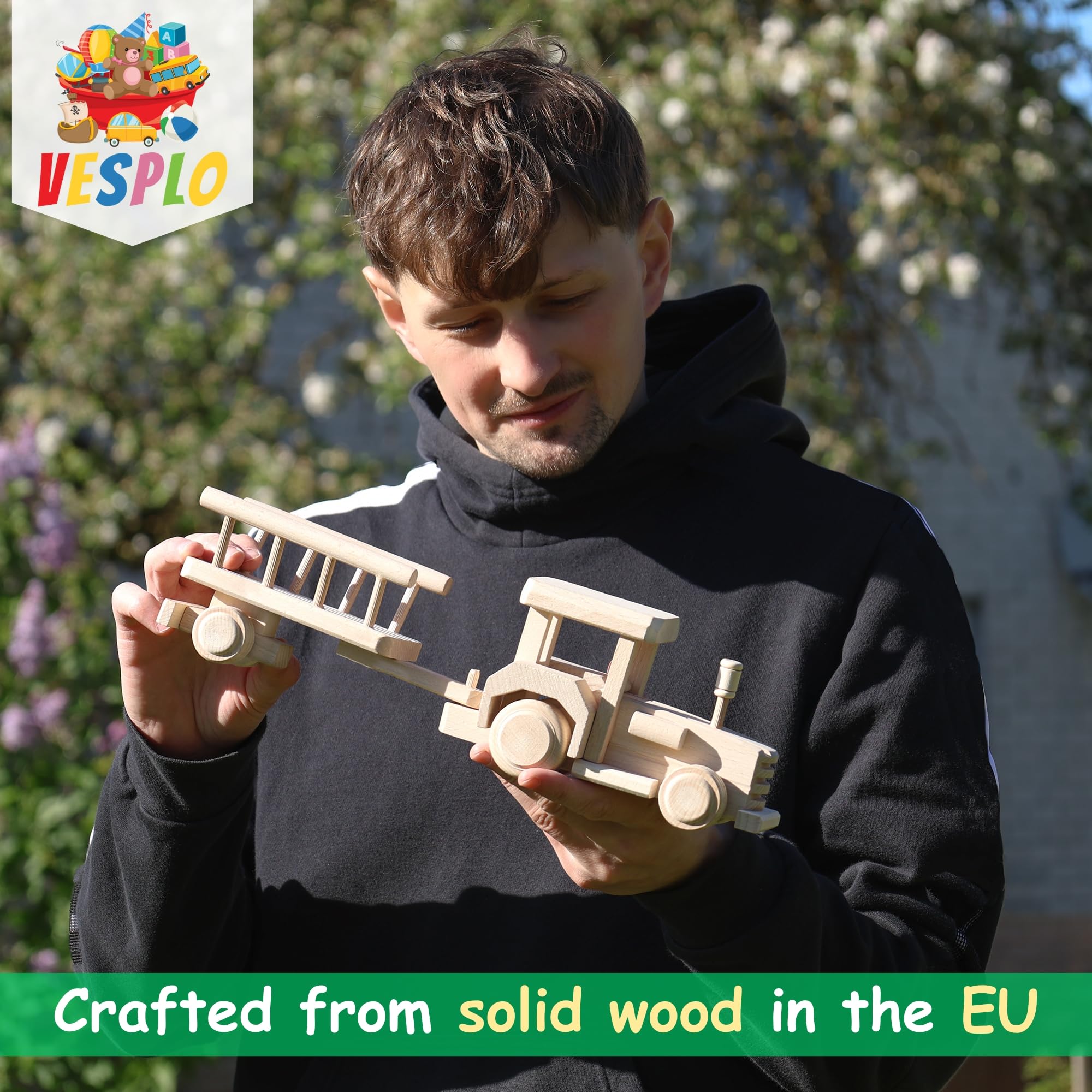 VESPLO Wooden Tractor with Trailer, Farm Toys for Toddlers, Unfinished Wood Toy for Paint, Preschool Educational Games, Handmade in EU, Realistic Shape 6