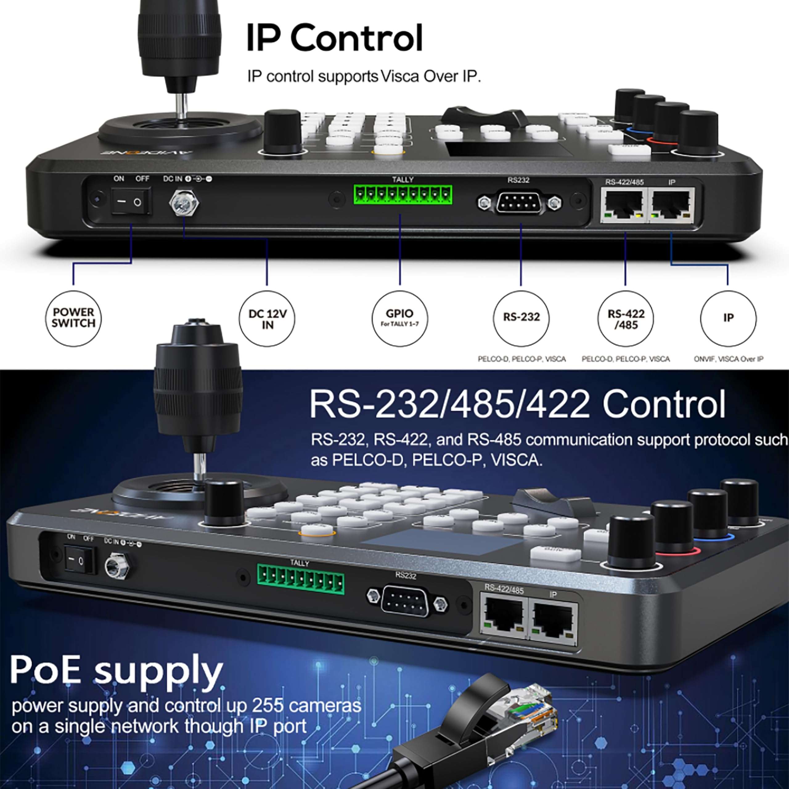 AVIDEONE PTZ Camera Controller with 4D Joystick Keyboard for Church Live Streaming, Sport Competition,Online Meeting, Support Visca, Visca Over IP Pelco - D/P Protocols 3