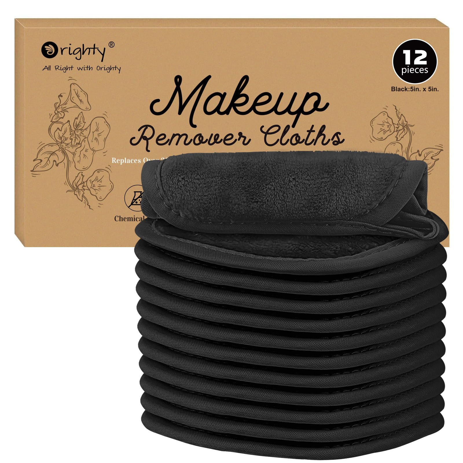 Orighty Makeup Remover Cloths 12 Pack, Makeup Removal Face Cleansing Cloth, Reusable Make-up Remover Pads Remove Instantly Dirt with Just Water, 5 x 5 in (Black) 1