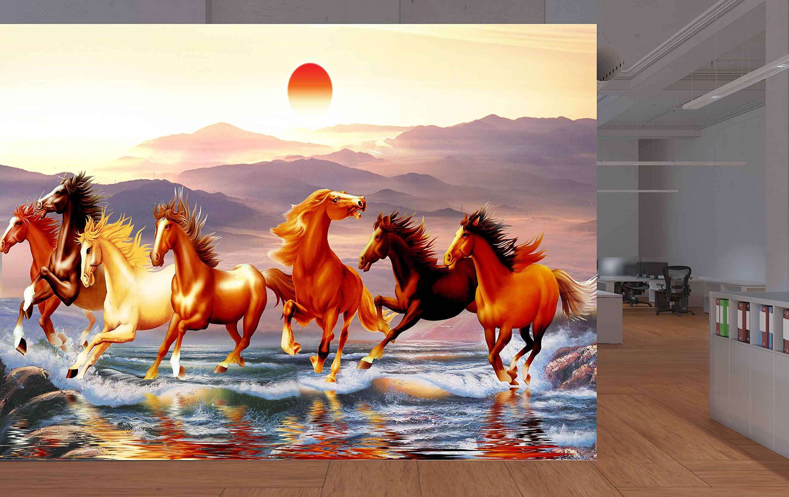 Mystic Walls MWZ3781 Seven 7 Horses Racing Sun Mountains Water HD 3D Seven Horses Wallpaper[4 ft x 3 ft] / [122 cm x 91 cm] 3