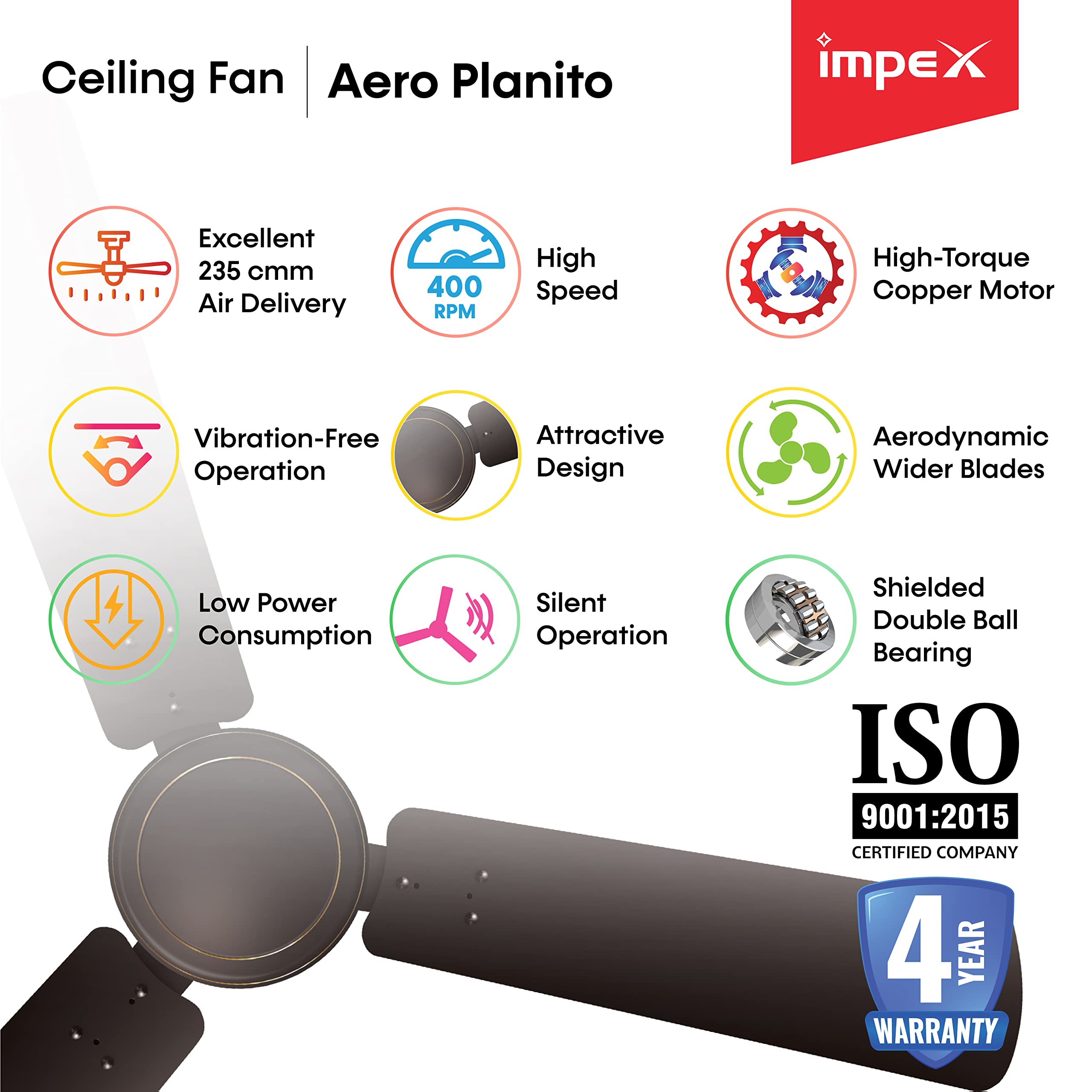 Impex AERO PLANITO 400 RPM High Speed Silent Operation Ceiling Fan Dusty Black 3