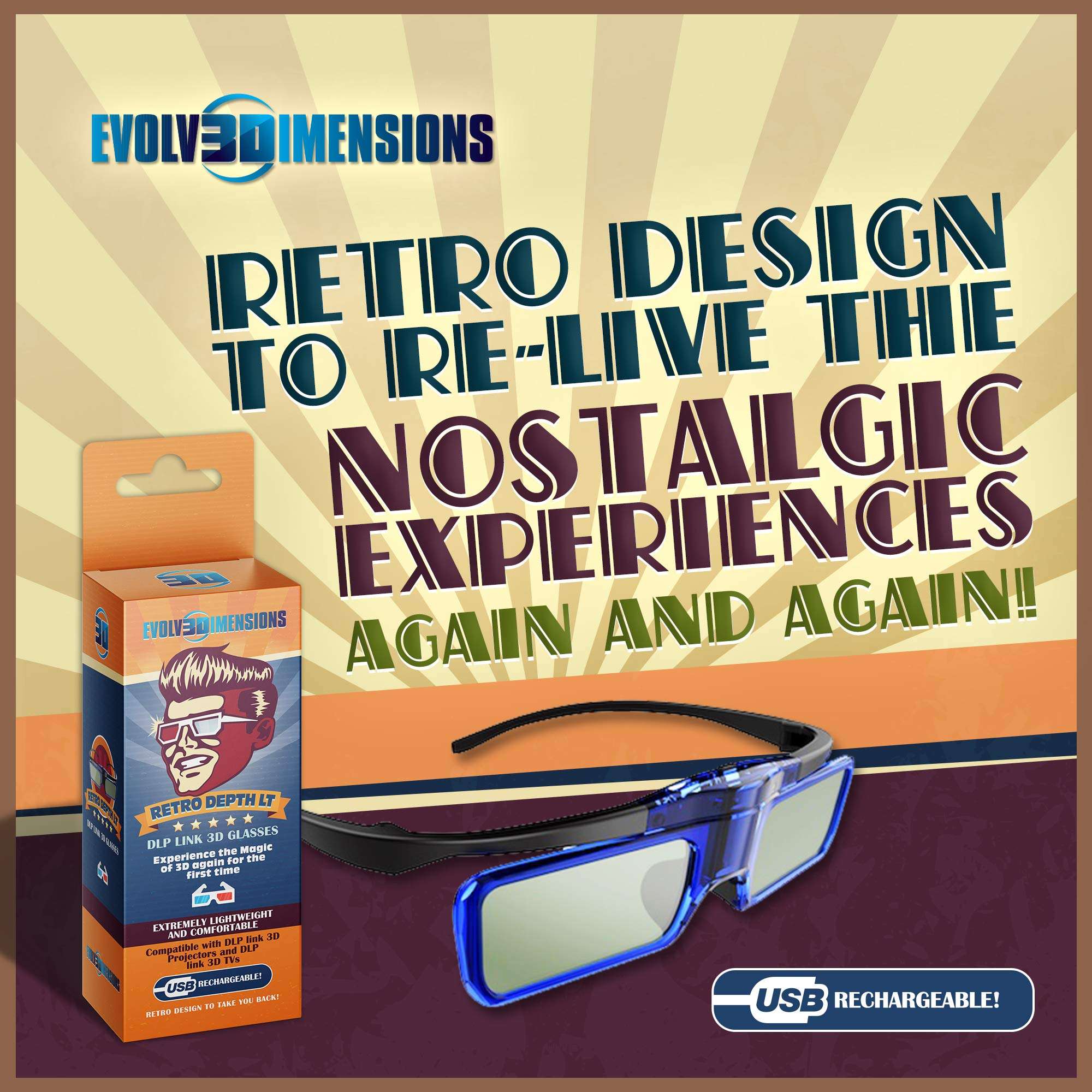 RetroDepth LT Lightweight Rechargeable DLP Link 3D Glasses for all DLP 3D Projectors (Benq, Optoma, Acer, Vivitek, Dell Etc) by Evolv3Dimensions (4 Pack) 2