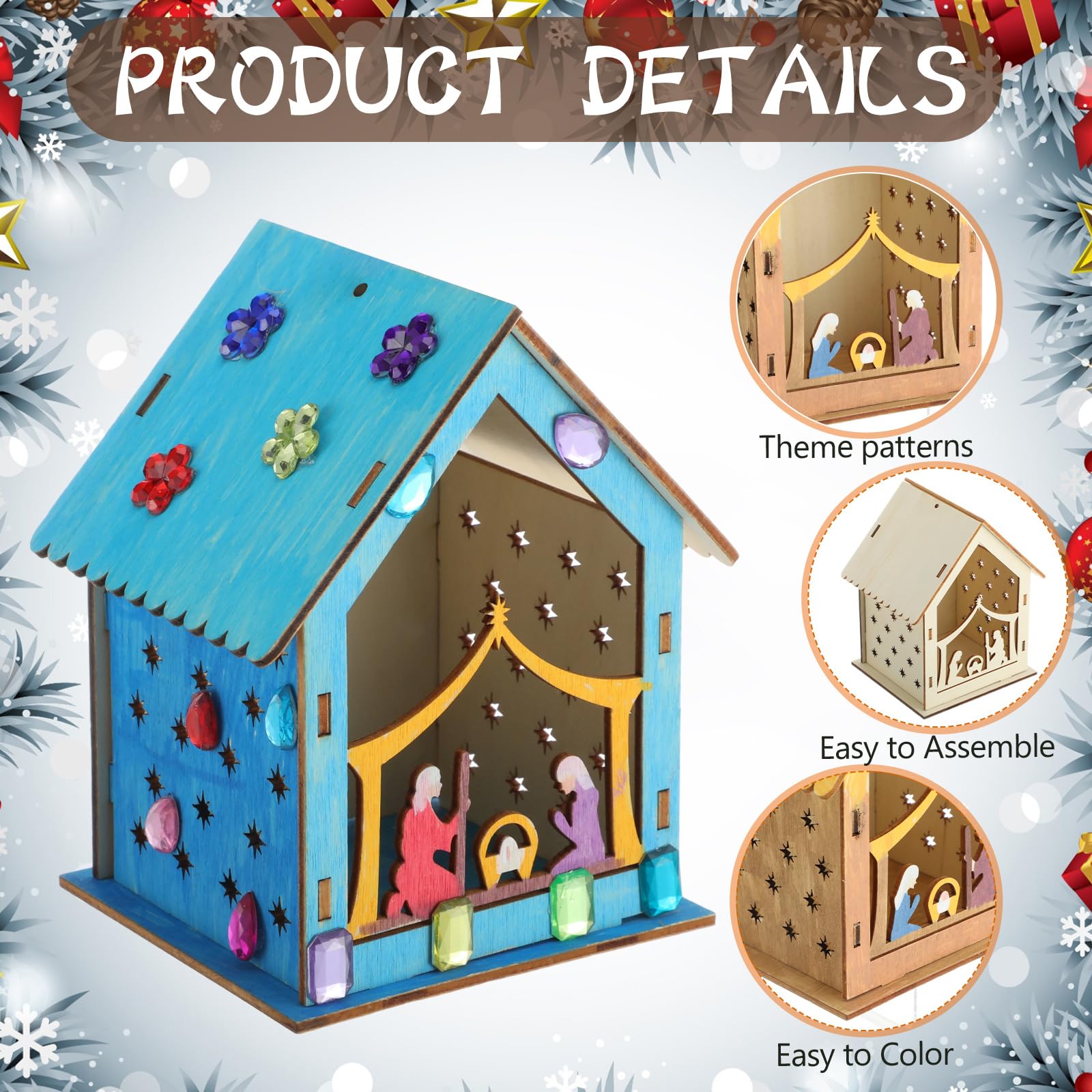 DoubleFill 12 Pcs Christmas Nativity Painting Craft Kits for Kids Make Your Own Religious Jesus House DIY Coloring Wooden Christian Nativity Craft for Classroom Art Sunday School 4