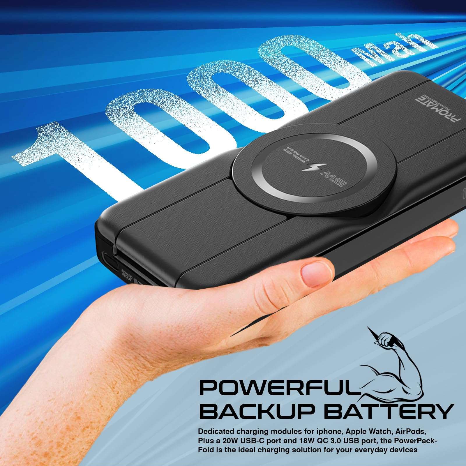 Promate Powerpack-Fold 5 in 1 Magsafe Power Bank, 10000mah 15W Foldable Wireless Powerbank - iPhone 15/15+/15 Pro/15 Pro Max, 14/14+/14 Pro/Max, Apple Watch, Air Pods, 18W USB QC 3.0 Port, 20W USB-C 6