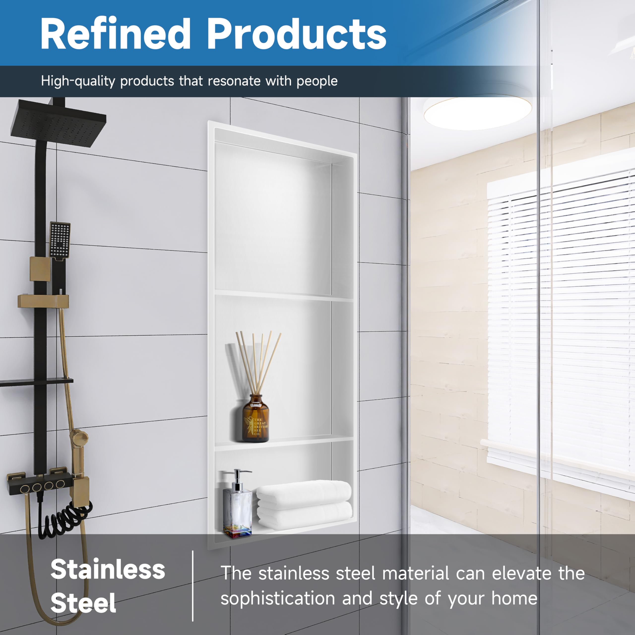 BATHFINESSE Shower Niche 13 × 31, 3 Shelves Wall Niche Recessed Shelf for Bathroom Storage, Shower Niche Insert Tile Ready No Tile Needed Over Mount Installation, White 4