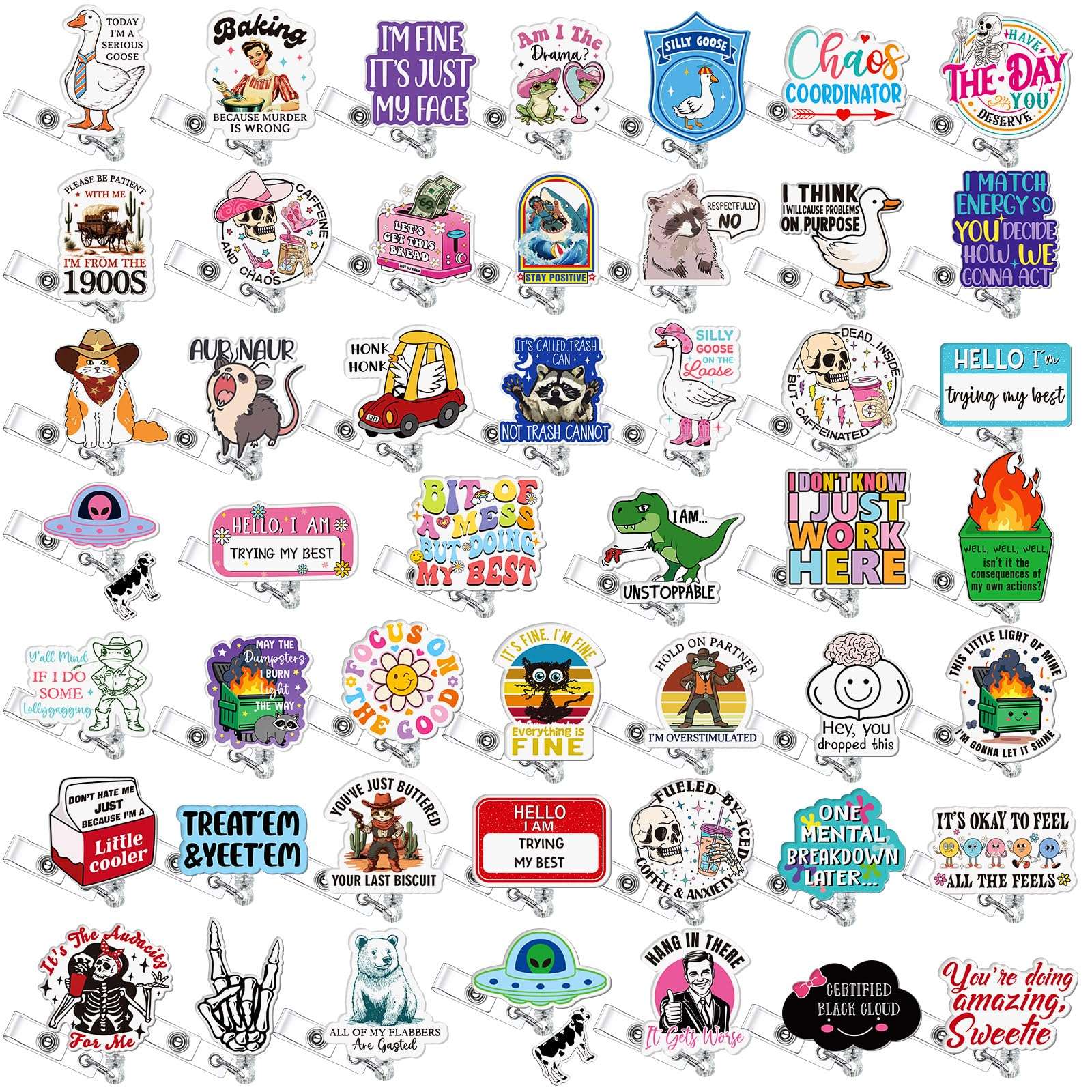 Suncalla 48 Pcs Funny Positive Badge Reels Bulk Cute Retractable ID Holder Clip Name Tag Badge Reels Funny Nursing Gifts for Medical Staff Nurses Doctors Employees Fun Message Accessories 1