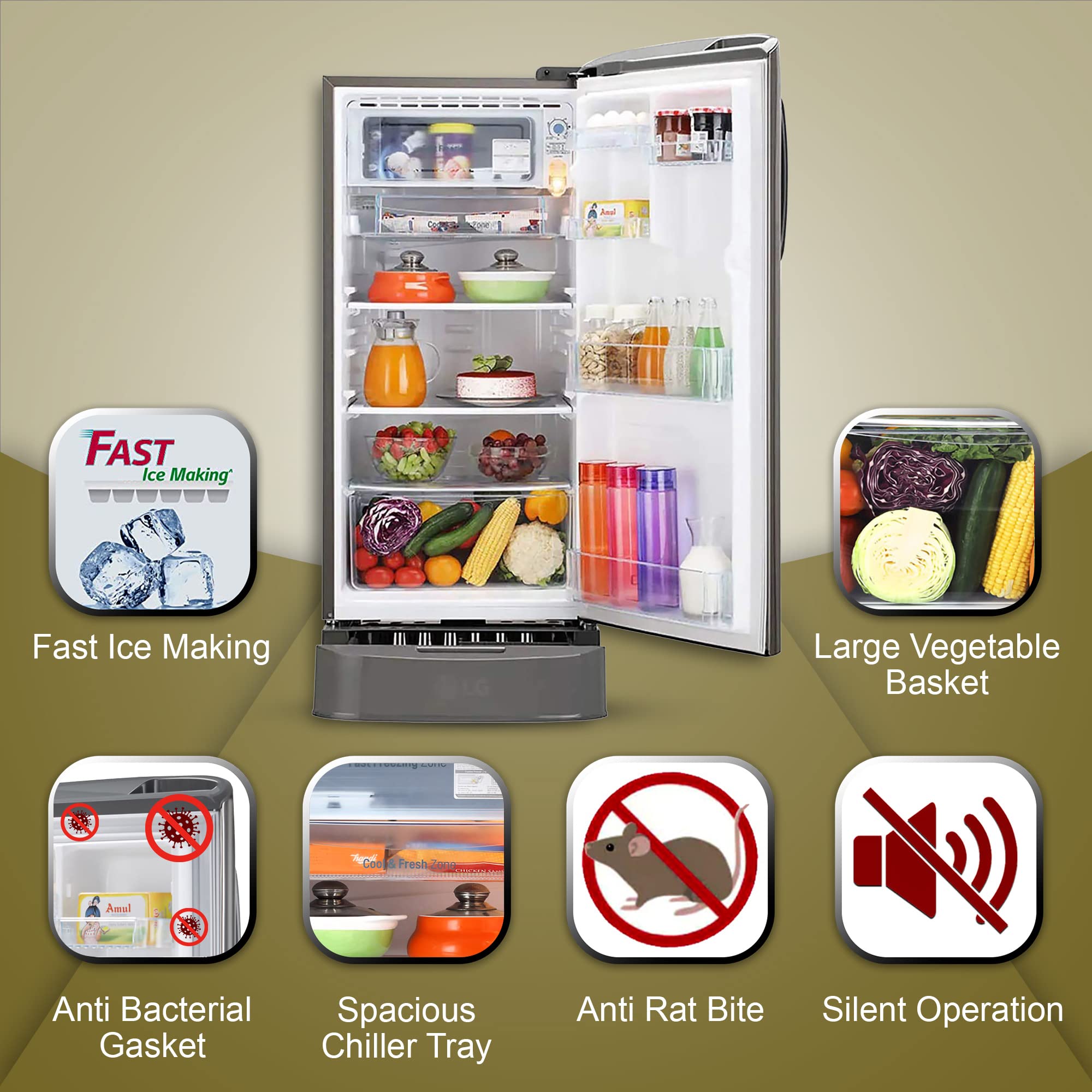 LG 185 L 5 Star Inverter Direct-Cool Single Door Refrigerator (GL-D201APZU, Shiny Steel, Base stand with drawer) 5