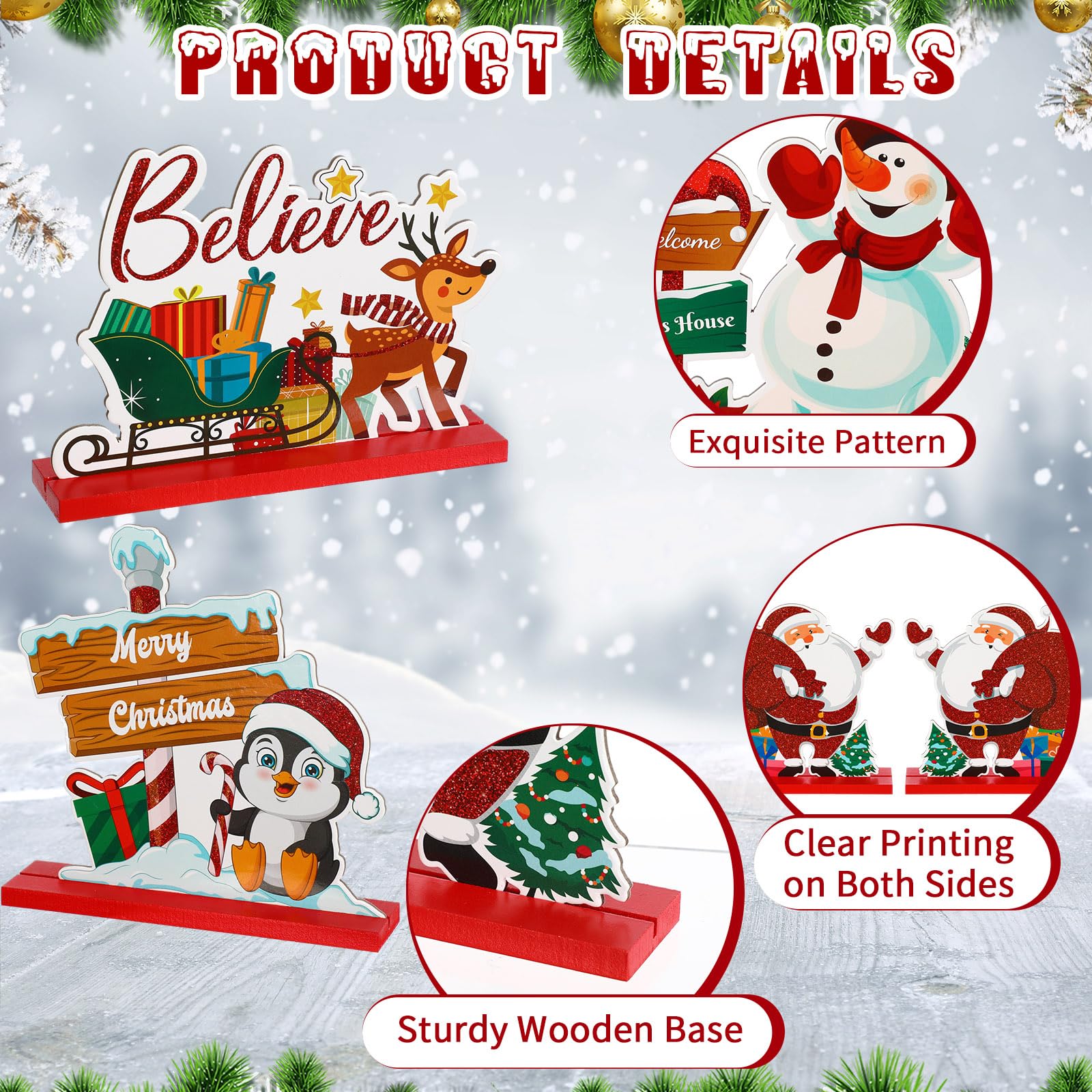 Soaoo 12 Pcs Christmas Centerpieces for Tables Duplex Printing Christmas Table Decorations Snowman Santa Reindeer Gingerbread Man Christmas Table Sign Christmas Decor Xmas Holidays Ornament, 12 Styles 4