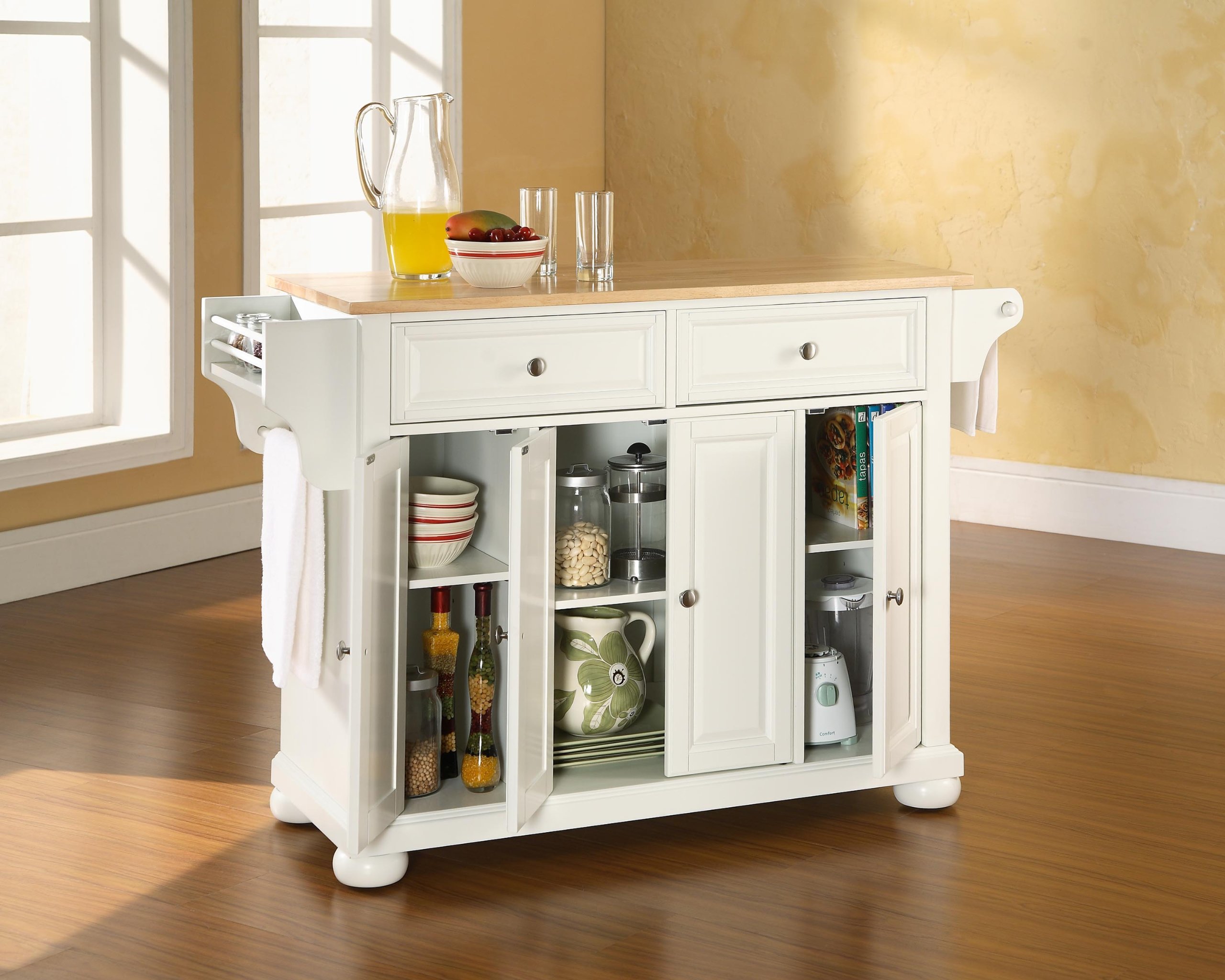 Crosley Furniture Alexandria Wood Top Rolling Kitchen Island Storage Cart, Microwave Stand, Spice Rack, White 6