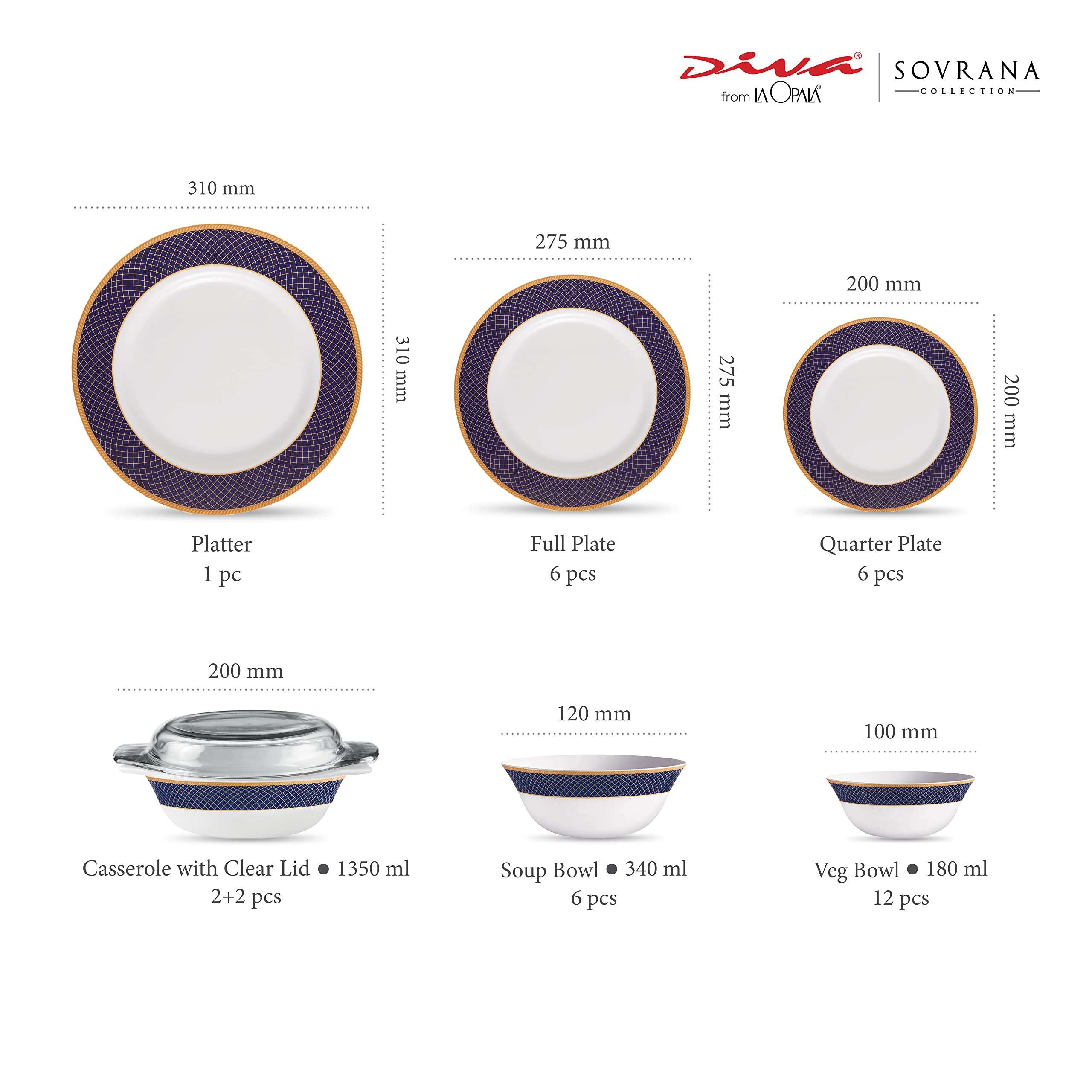 La Opala Diva, Sovrana Collection, Opal Glass Dinner Set 35 pcs, Regent Blue, White 4