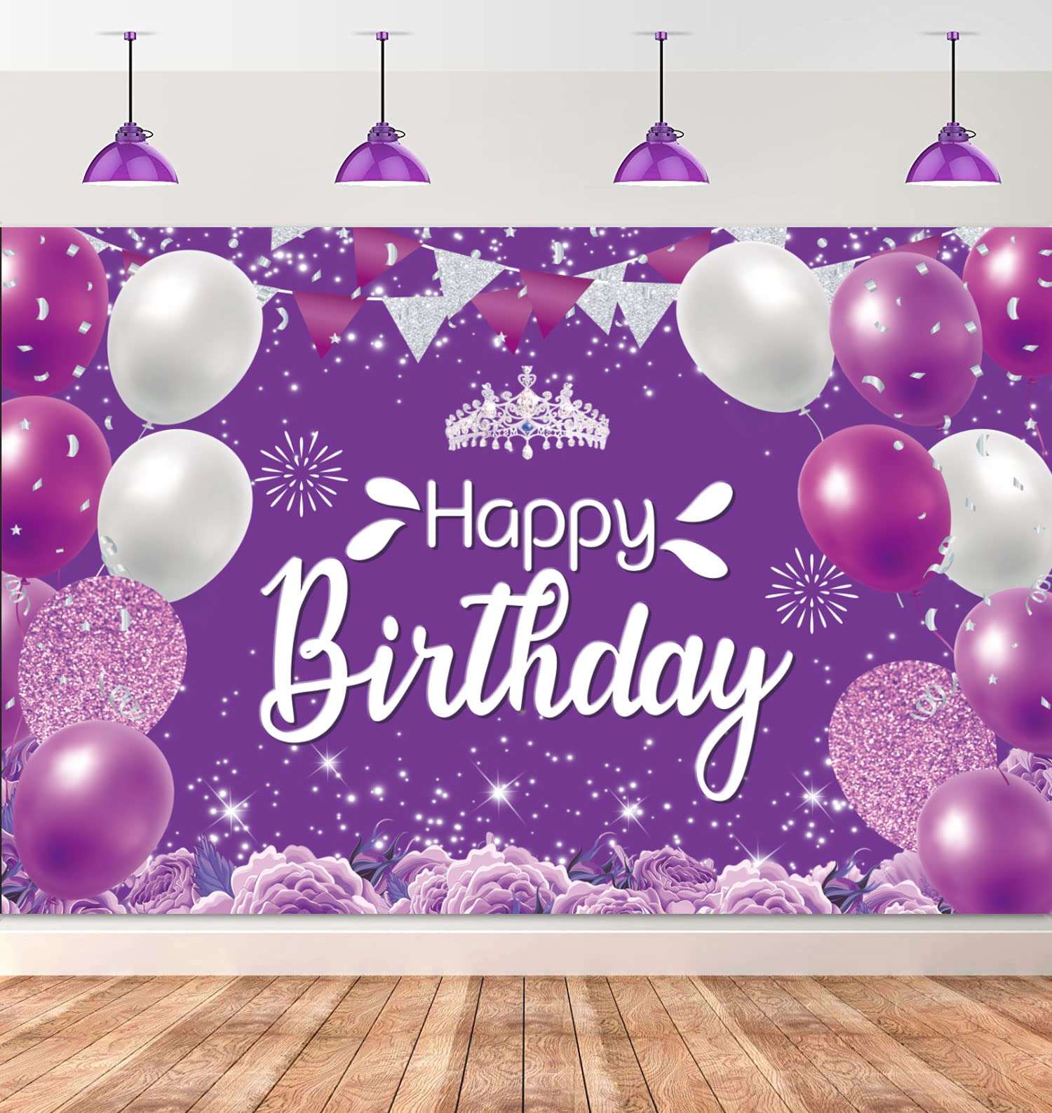 Purple Happy Birthday Backdrop Purple Silver Birthday Sign Purple Silver Birthday Party Banner Decor Purple Silver Birthday Backdrop for Women Girl Birthday Party Celebration (7x5ft) 5