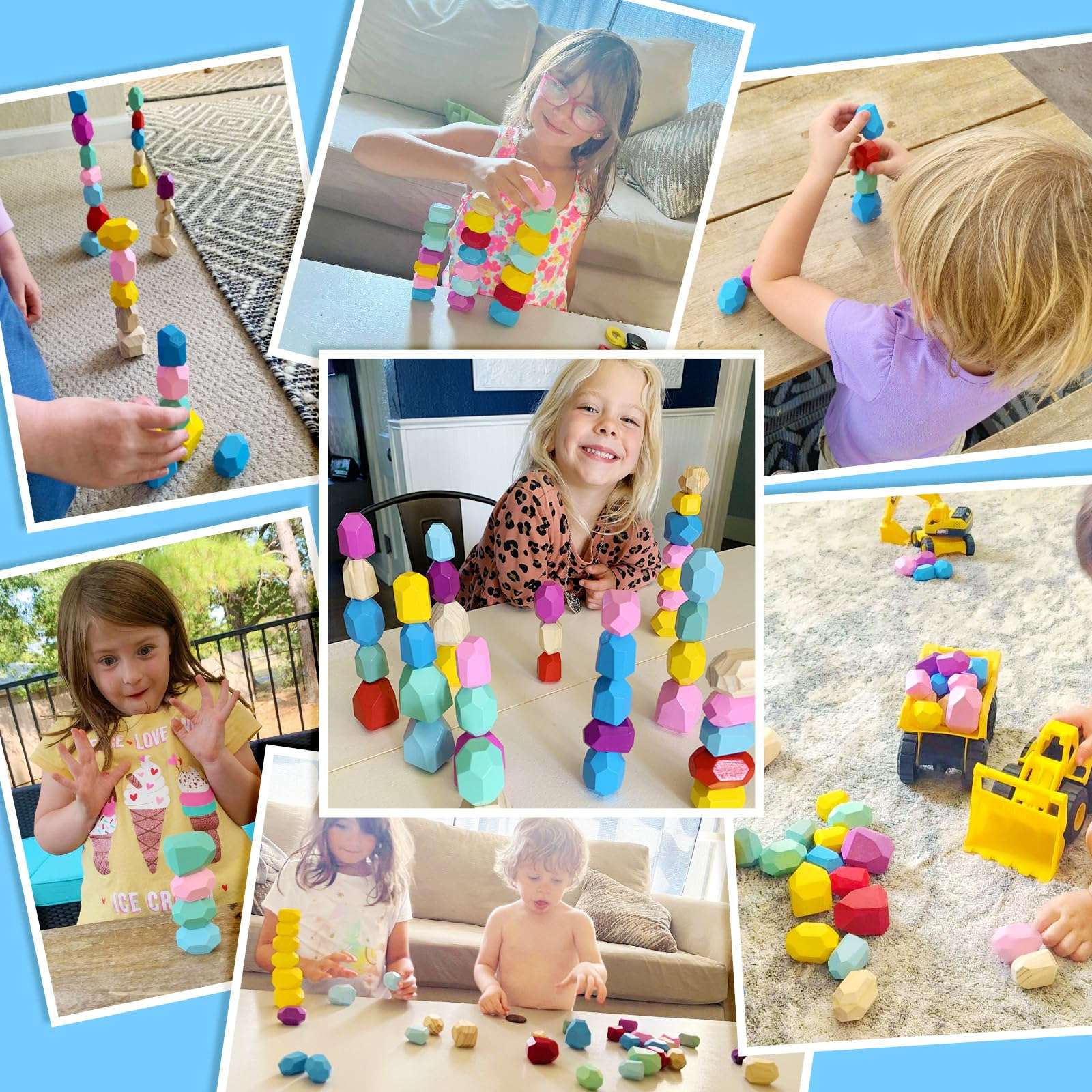 IGIVI Rainbow Wooden Stacking Rock Set - 42 Natural Wood Montessori Sensory Stacking Blocks - Early Learning Toy for Toddlers - Montessori Gifts for 1 2 3 Year Olds 4