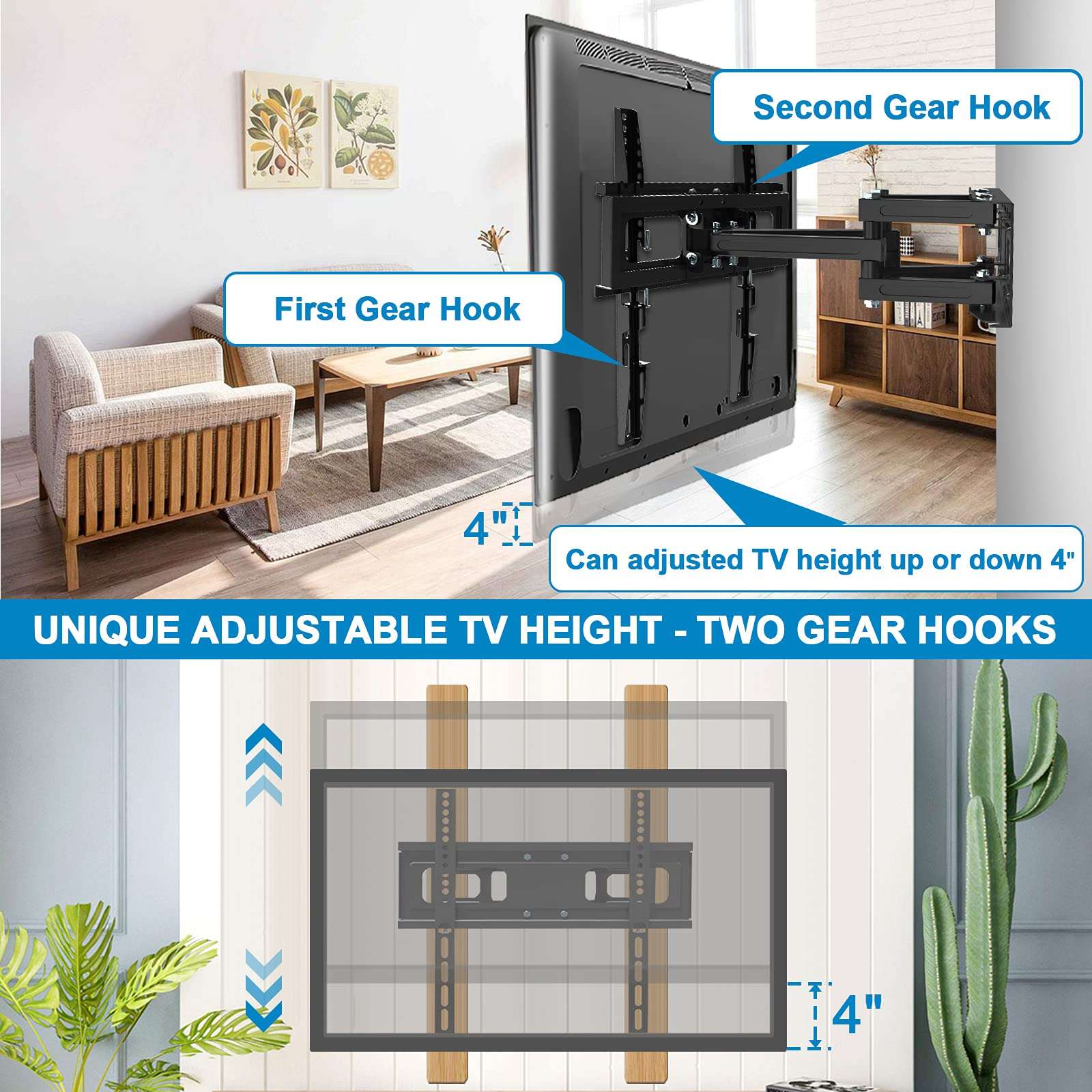 Full Motion TV Wall Mount,JUSTSTONE TV Wall Mount Swivel and Tilt TV Mount with Height Setting,TV Bracket Articulating Arms for Most 13-45Inch Flat Curved TVs up to 55lbs,Max VESA 8"x8"(200x200mm) 2