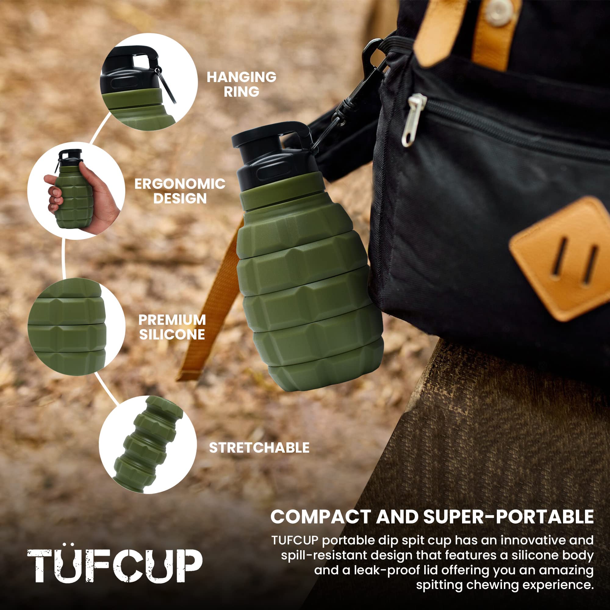 TUFCUP Spit Cup Spittoon for Chewing, Portable Reusable Spit Dipping Cup with Lid, Collapsible Spill Resistant Leak Proof Silicone Body Travel Spitter (Army Green) 4
