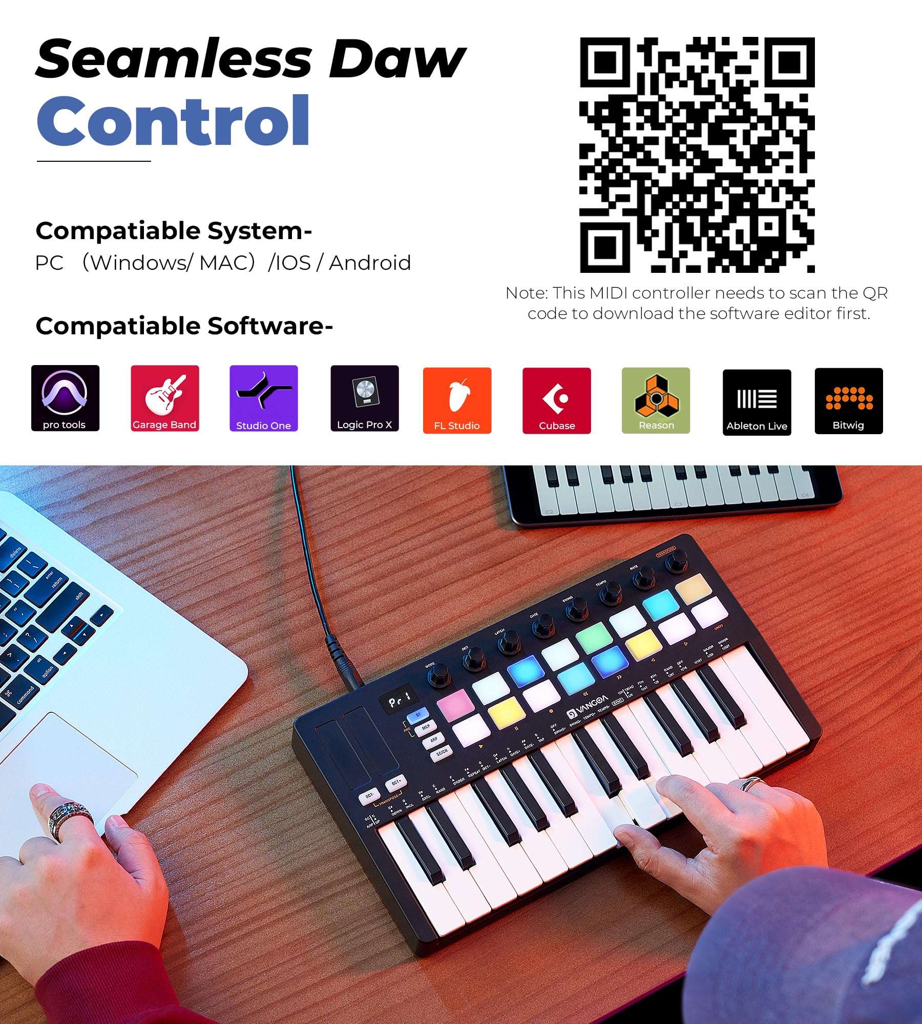 Vangoa Professional Upgraded Beat Maker for Music Production, 25 Keys Midi Keyboard Makers Machine, 8 Knoks, Wireless Mini Controller Keyboard Computer Recording Midi Controllers 16 RGB Drum Pads 5