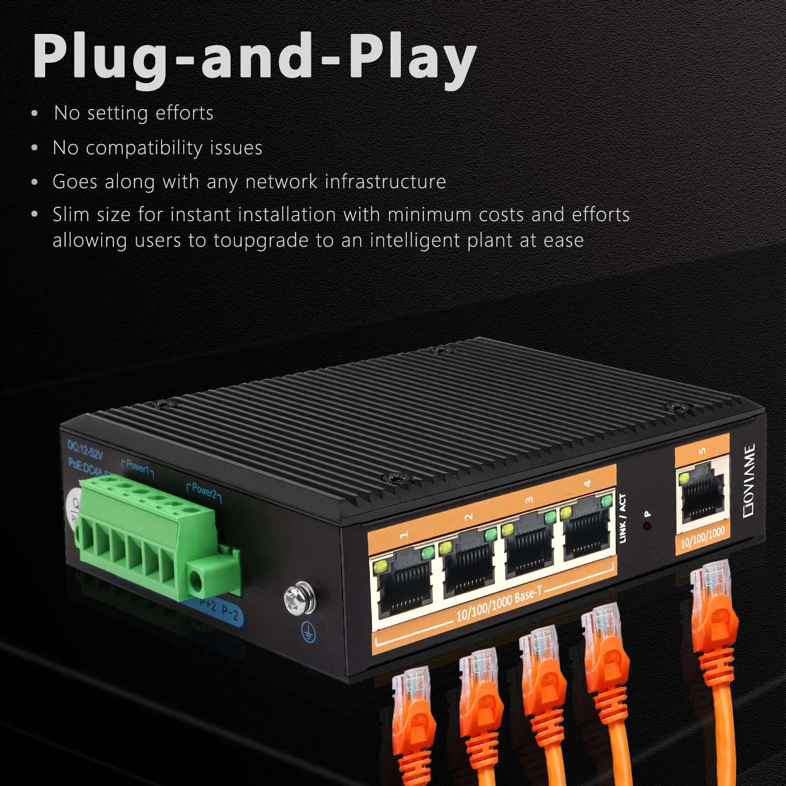 GOVIAME 5 Port Gigabit Unmanaged Industrial Ethernet Network Switch,5 x 10/100/1000 Mbps Gigabit Ethernet Ports,Plug-and-Play,16 Gbps Switching Capacity,DIN-Rail,IP40 Rated (Fanless,-40°C~185°F) 5